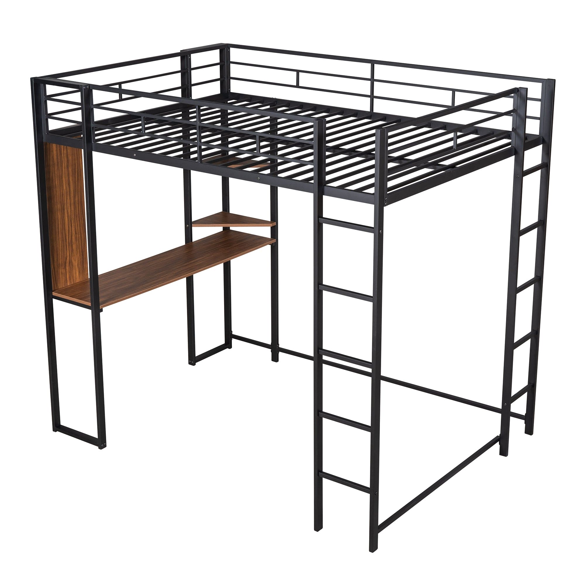 Full Size Metal Loft Bed with 2 Shelves and one Desk ,Black (Old SKU: LP000191AAB )