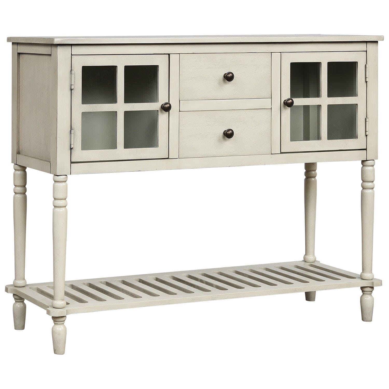 TREXM Sideboard Console Table with Bottom Shelf, Farmhouse Wood/Glass Buffet Storage Cabinet Living Room (Antique Grey)