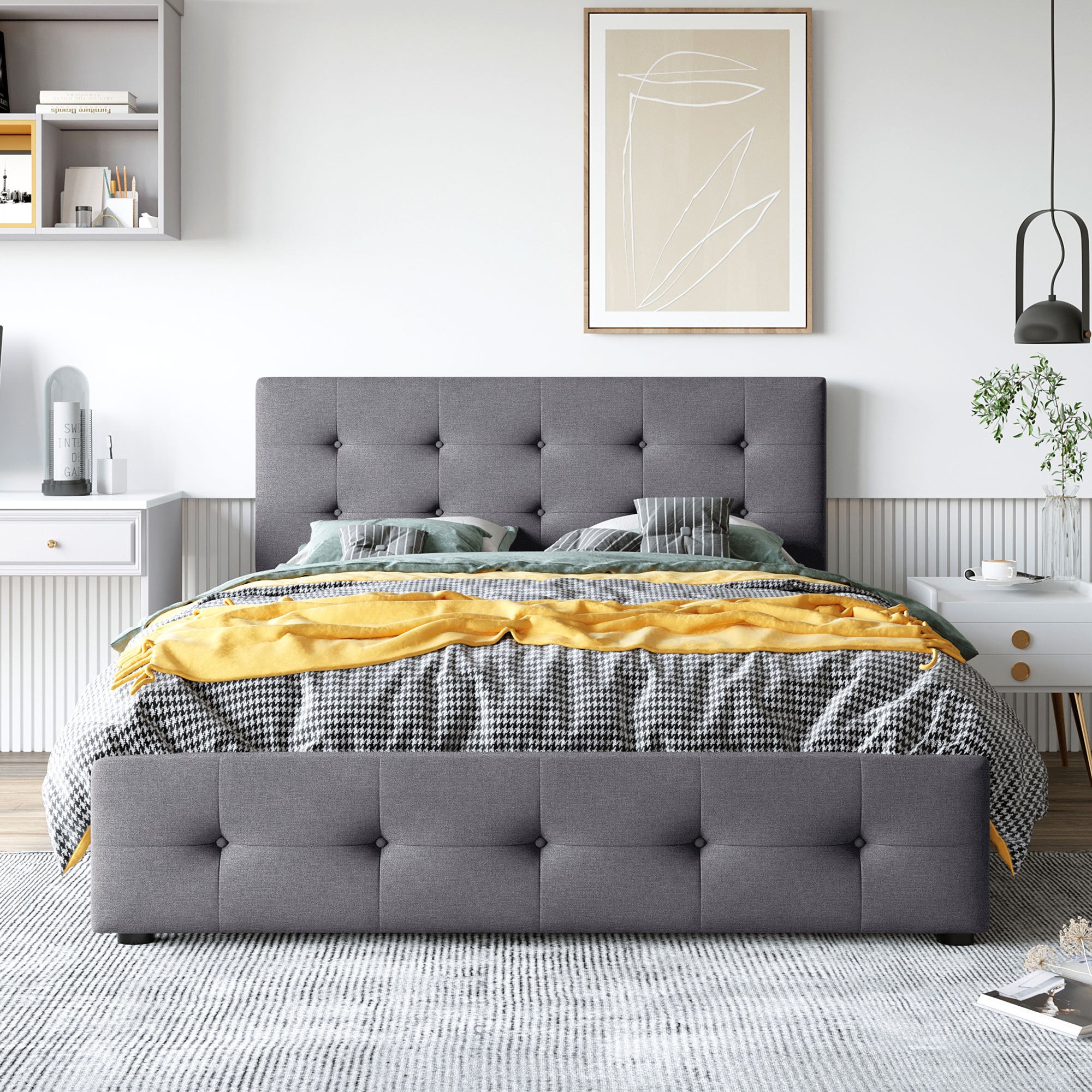 Upholstered Platform Bed with Classic Headboard and 4 Drawers, No Box Spring Needed, Linen Fabric, Queen Size Dark gray(OLD SKU :LP000114AAE)