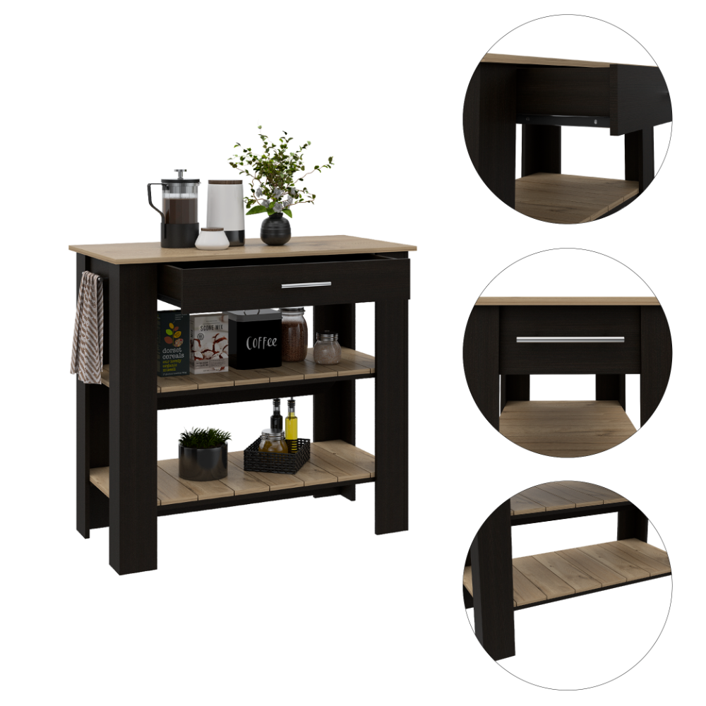 Cala Kitchen Island 40, Two Shelves, One Drawer, Four Legs  -Black / Light Oak