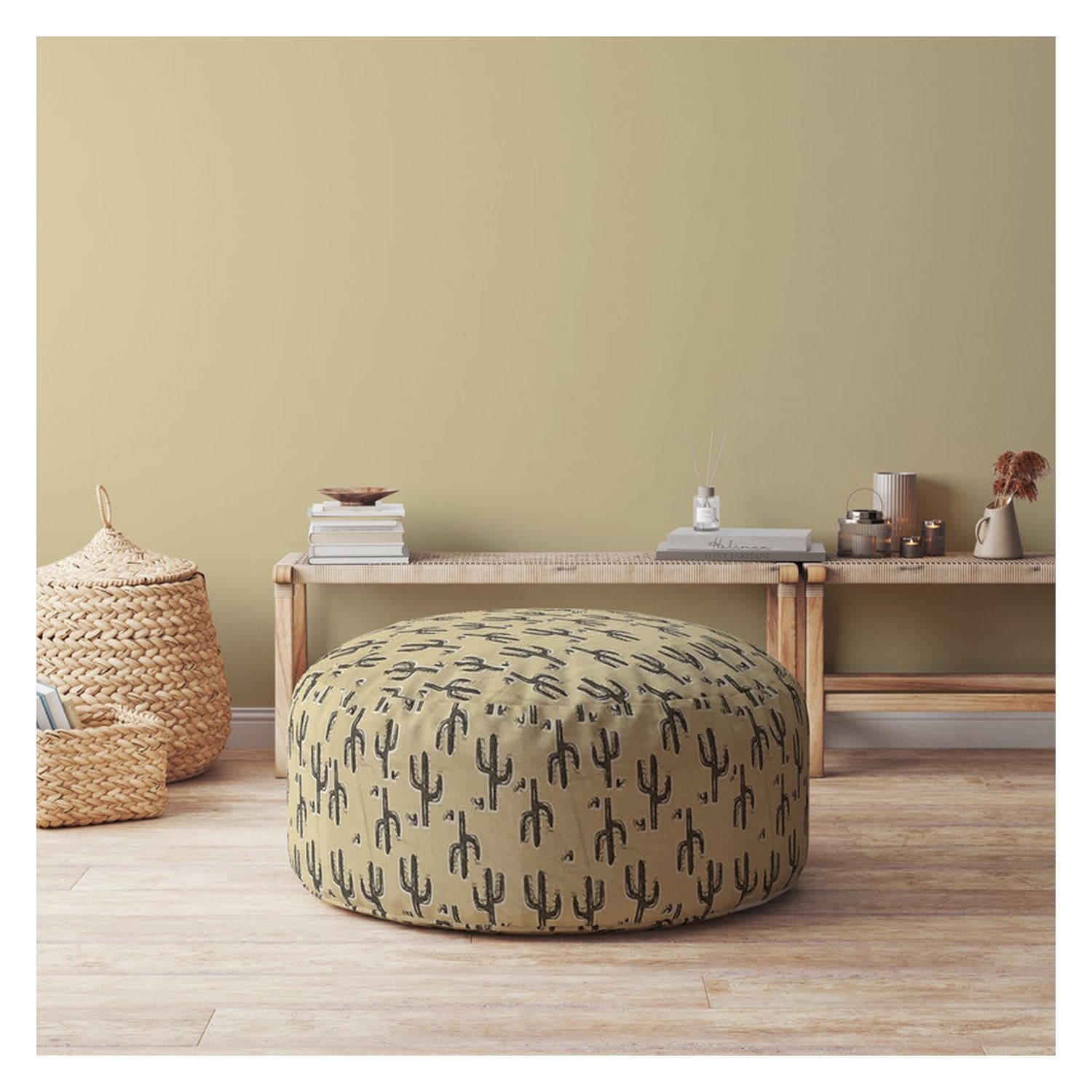 Indoor SAGUARO Blue/Taupe/Camel Tan Round Zipper Pouf - Cover Only - 24in dia x 20in tall