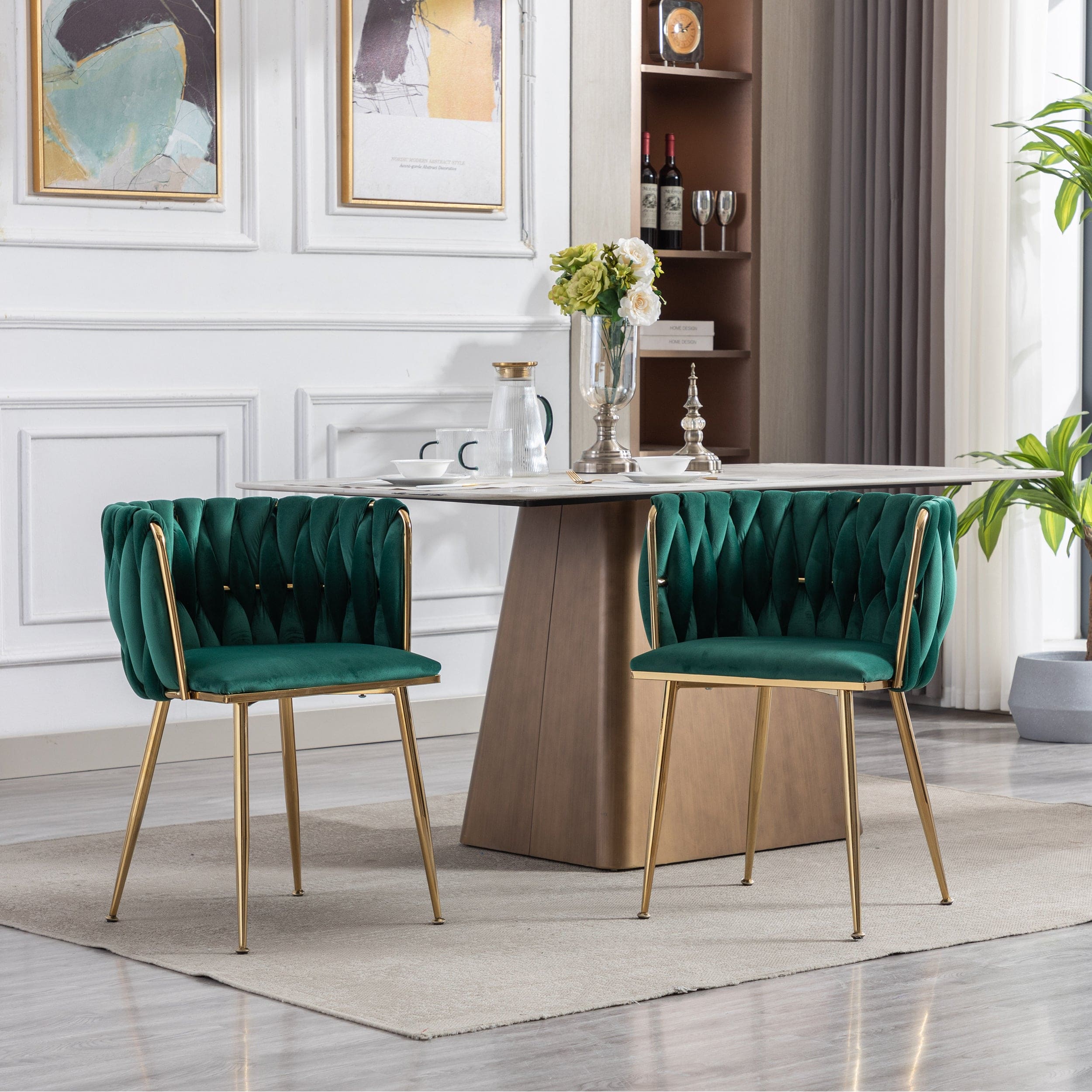 Dining Chair,Thickened fabric chairs with  wood legs Set of 2,Green