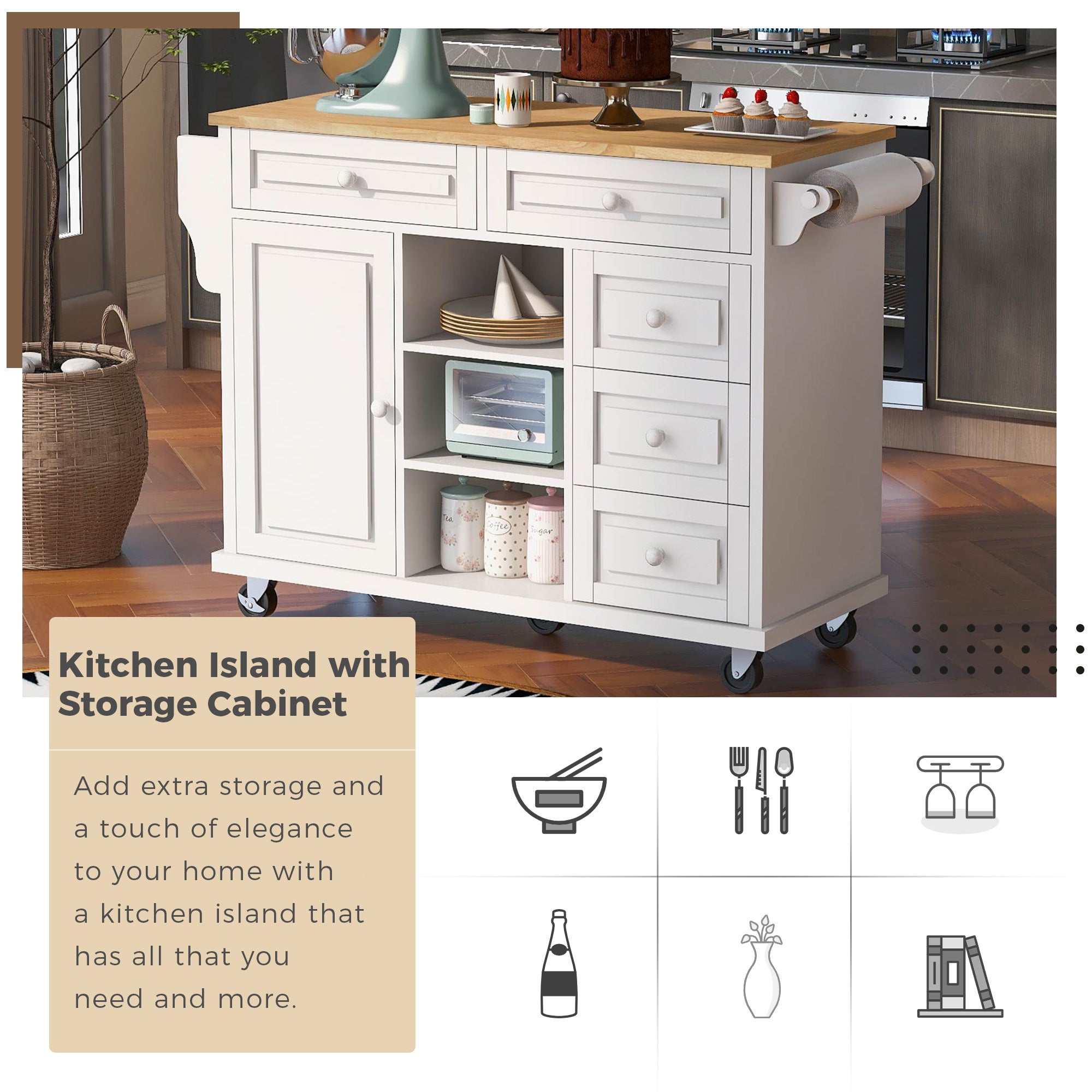 Kitchen cart with Rubber wood desktop rolling mobile kitchen island with storage and 5 draws 53 Inch  length(White)