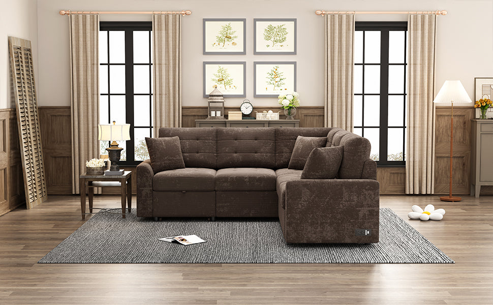 82.6" L-shape Sofa Bed Pull-out Sleeper Sofa with Wheels, USB Ports, Power Sockets for Living Room, Brown