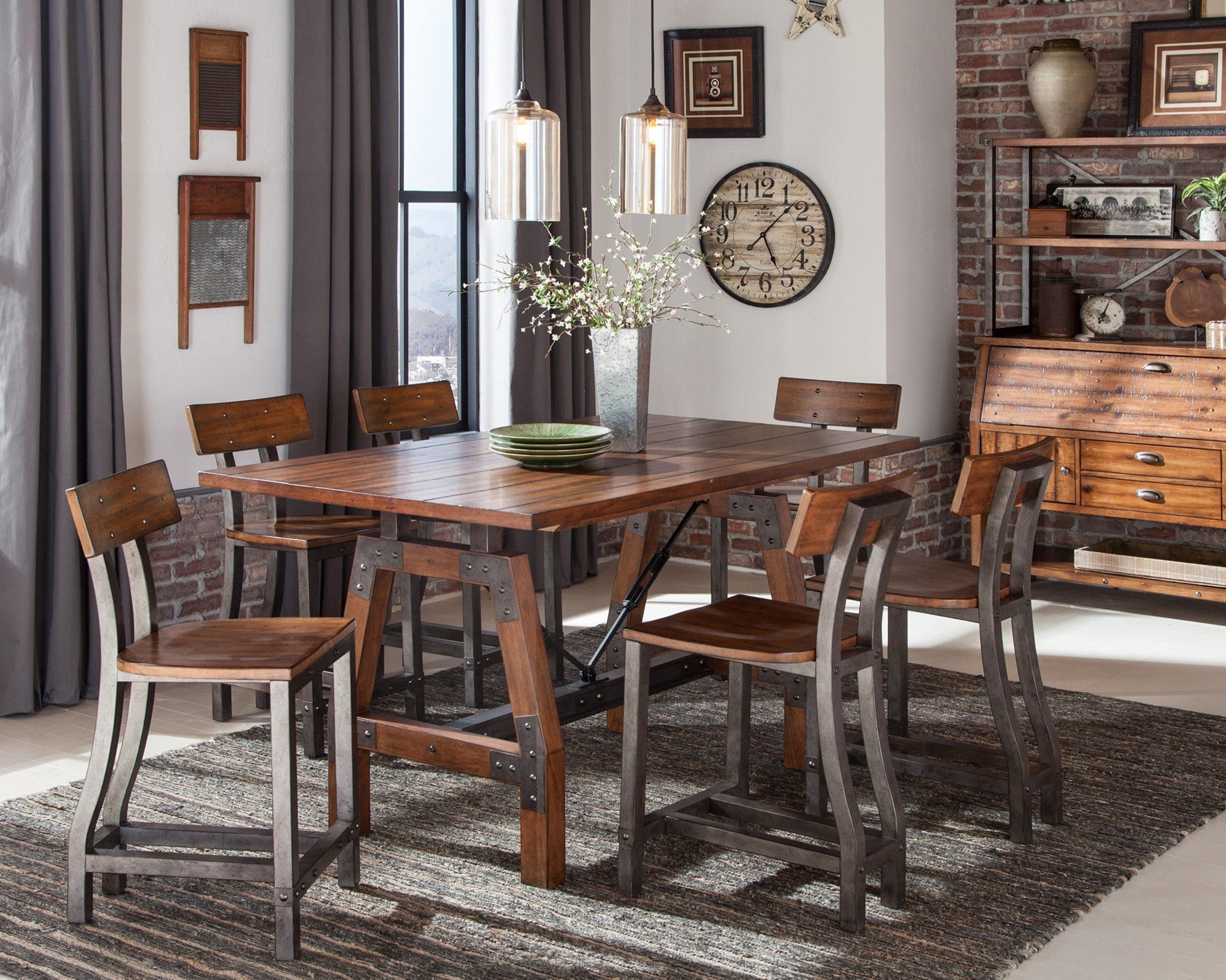 Rustic Brown and Gunmetal Finish Wooden Counter Height Chairs 2pc Set Industrial Design Dining Furniture