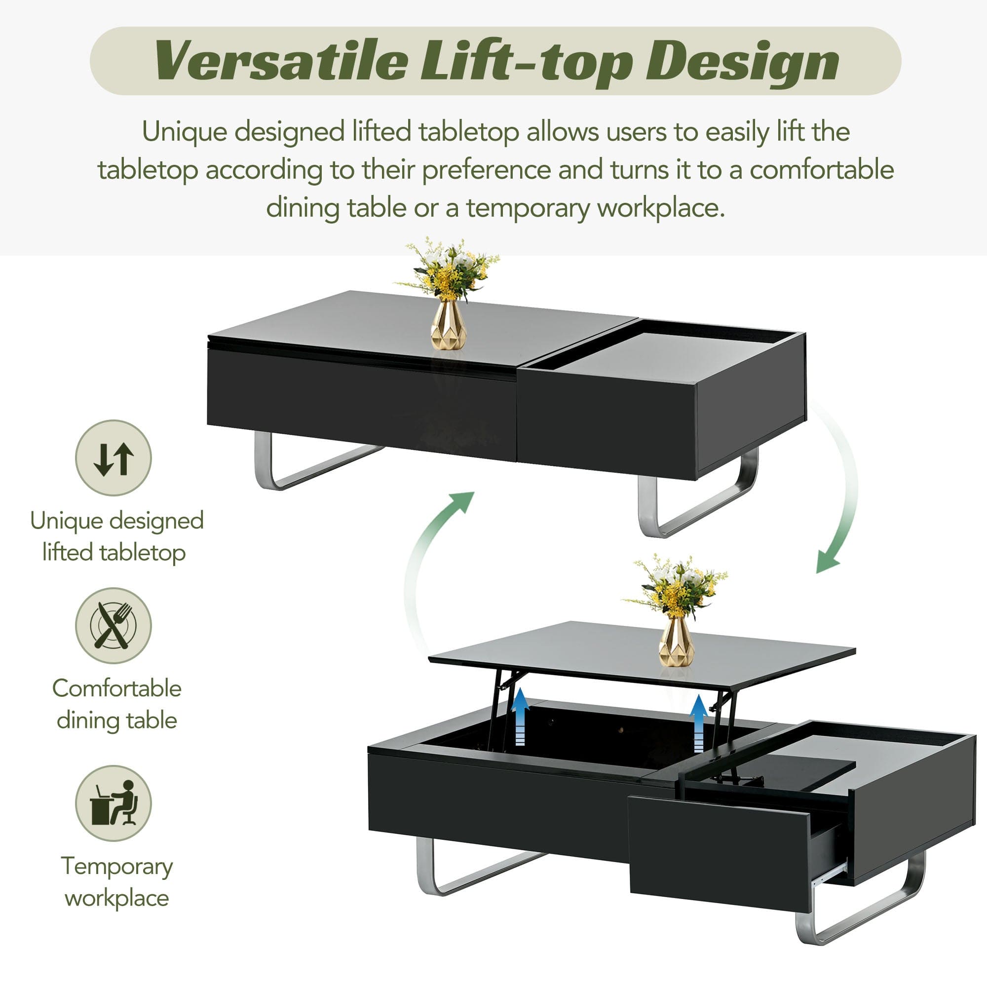 ON-TREND Multi-functional Coffee Table with Lifted Tabletop, Contemporary Cocktail Table with Metal Frame Legs, High-gloss Surface Dining Table for Living Room, Black