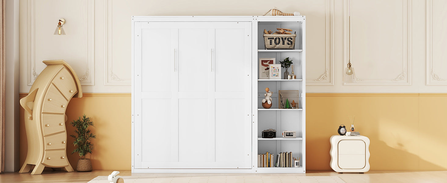 Full Size Murphy Bed Wall Bed with Shelves,White