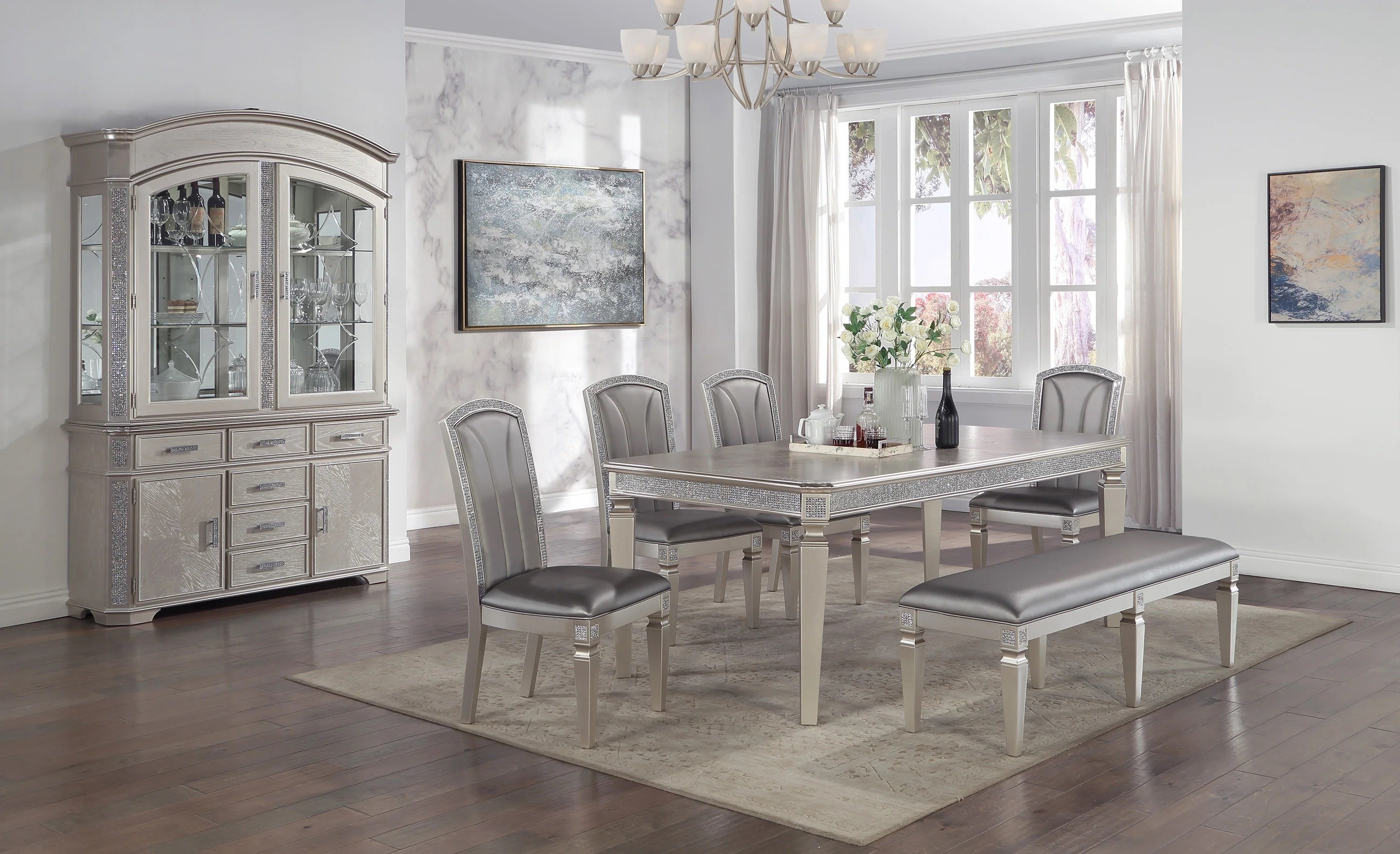 Modern Glam 1pc Dining Table Silver Gray Finish  18" Extension Leaf with Sparkling Accents Casual Dining Room Furniture