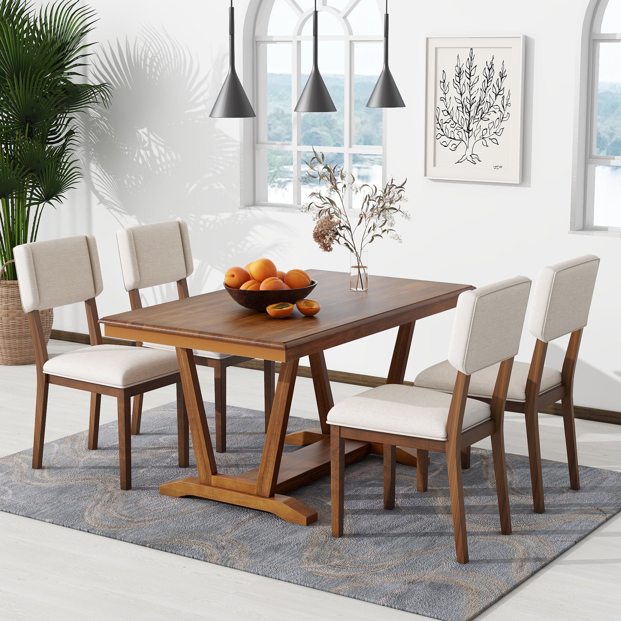 TOPMAX Rustic 5-piece Dining Table Set with 4 Upholstered Chairs, 59-inch Rectangular Dining Table with Trestle Table Base, Walnut