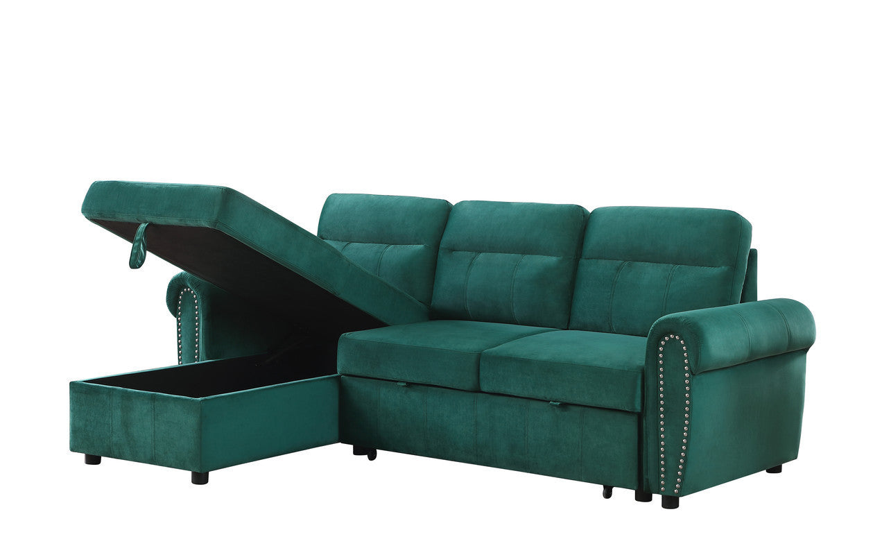 Ashton Green Velvet Fabric Reversible Sleeper Sectional Sofa Chaise