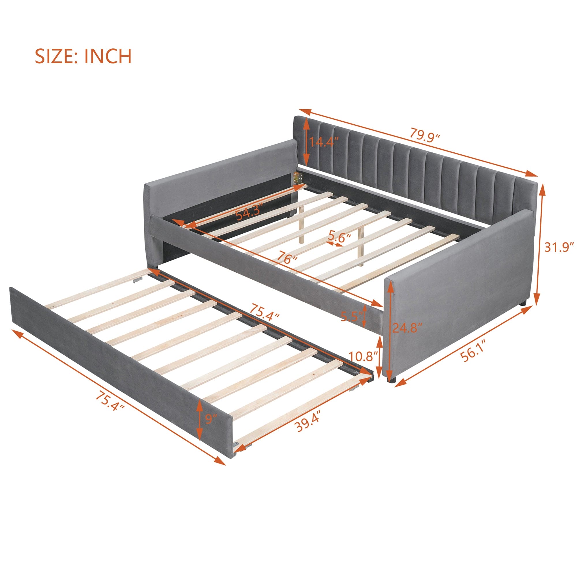 Full Size Upholstered daybed with Trundle and Wood Slat Support, Gray