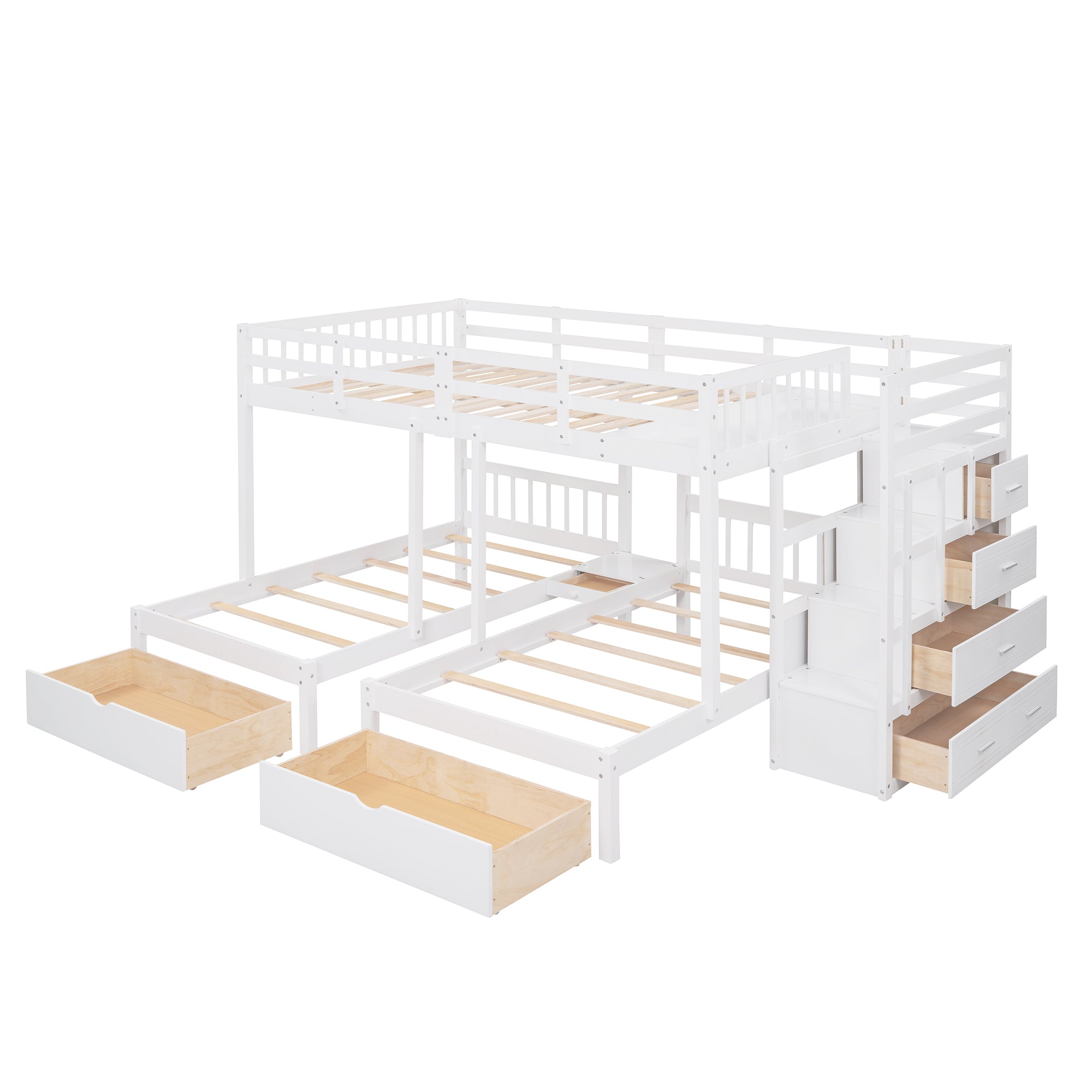 Full Over Twin & Twin Bunk Bed, Wood Triple Bunk Bed with Drawers and Guardrails (White)