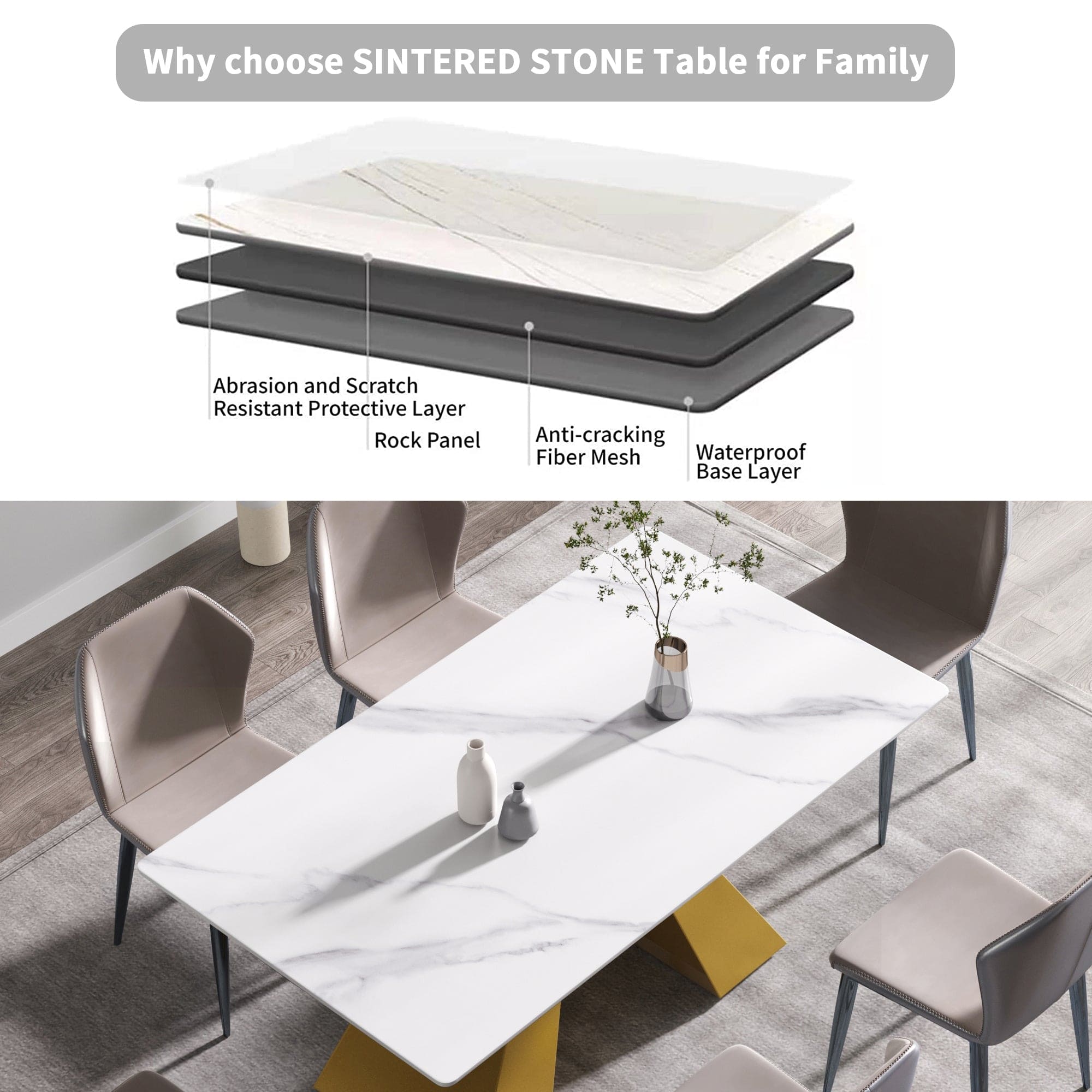 63"Modern artificial stone white straight edge golden metal leg dining table -6 people