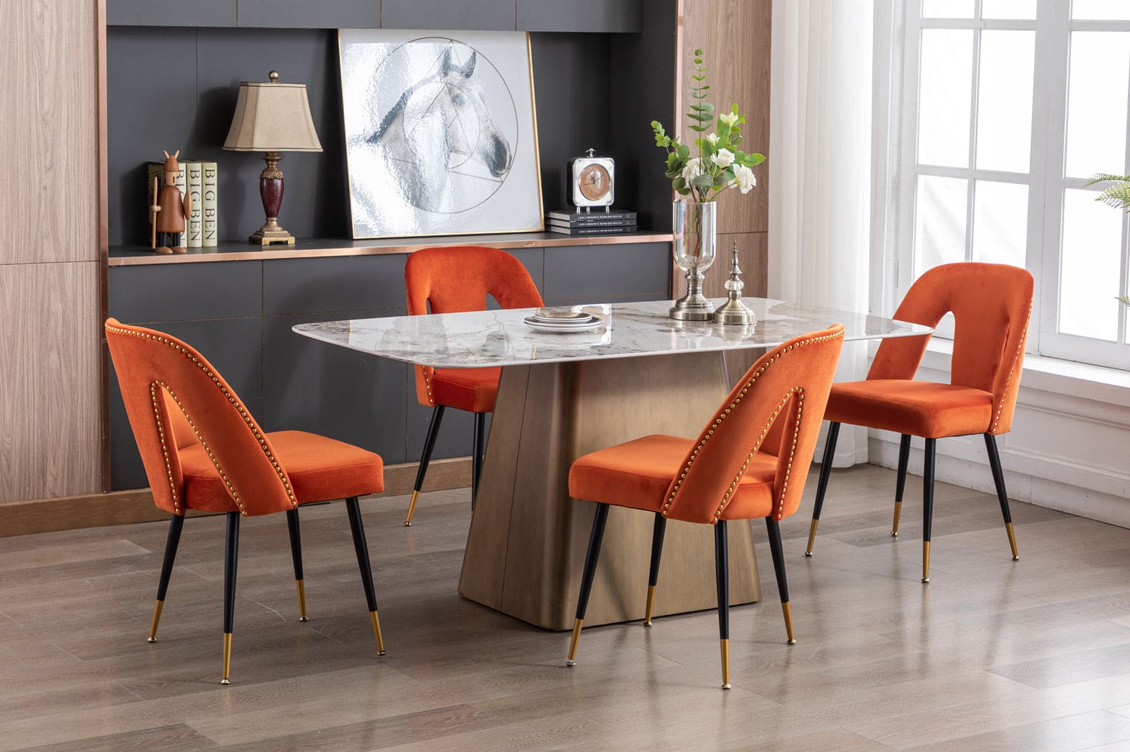 A&A Furniture,Akoya Collection Modern | Contemporary Velvet Upholstered Dining Chair with Nailheads and Gold Tipped Black Metal Legs, Orange，Set of 2