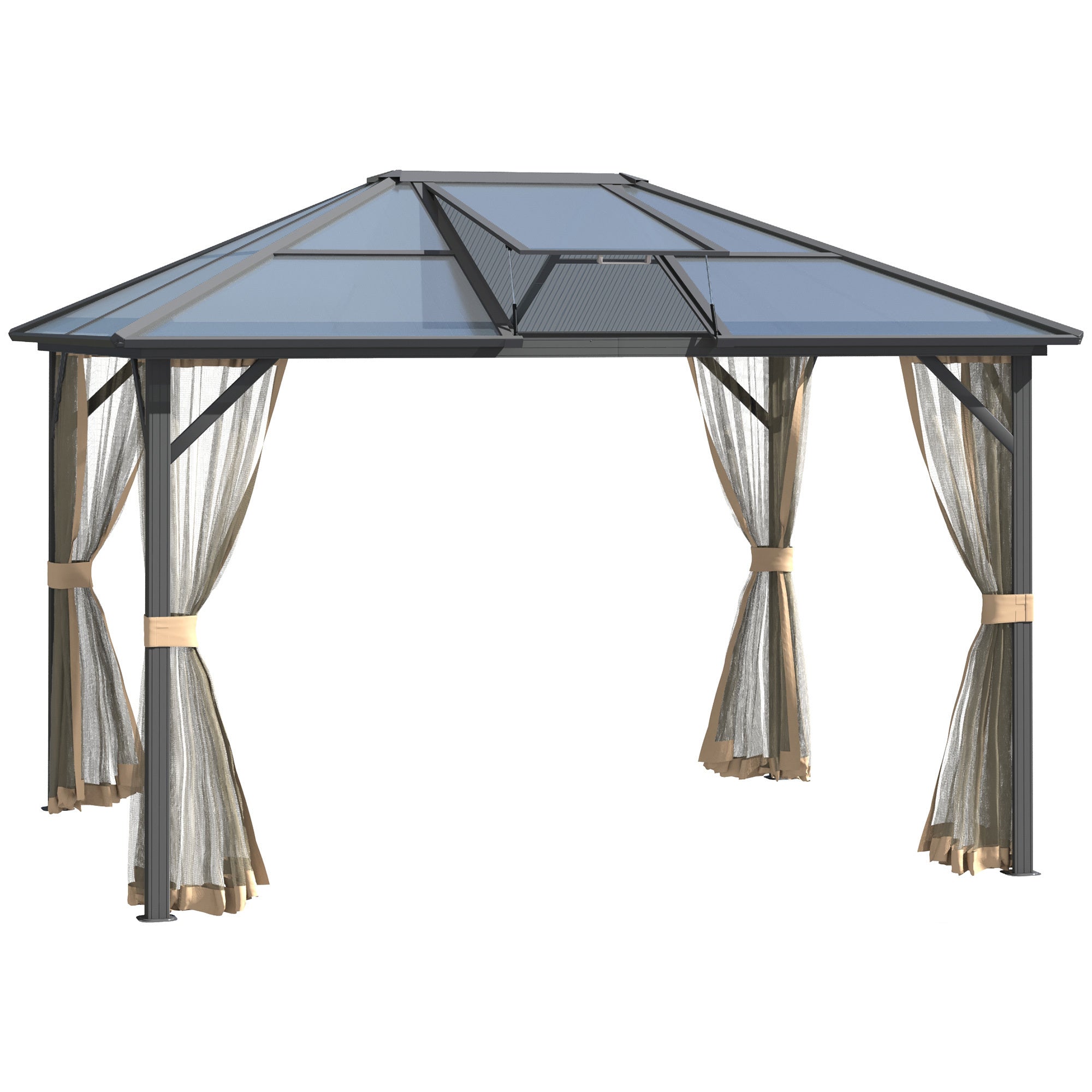 10' x 12' Hardtop Gazebo Canopy with Polycarbonate Roof, Top Vent and Aluminum Frame, Permanent Pavilion Outdoor Gazebo with Netting, for Patio, Garden, Backyard, Deck, Lawn