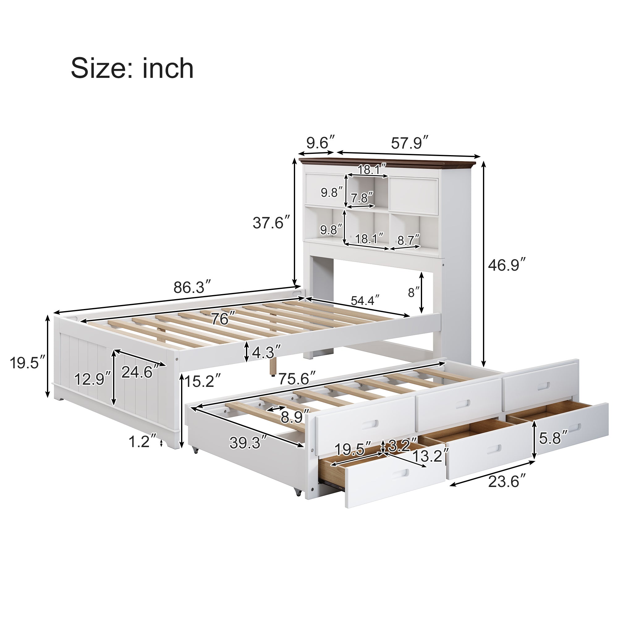 2 Pieces Wooden Captain Bedroom Set Full Bed with Trundle and Nightstand,White+Walnut