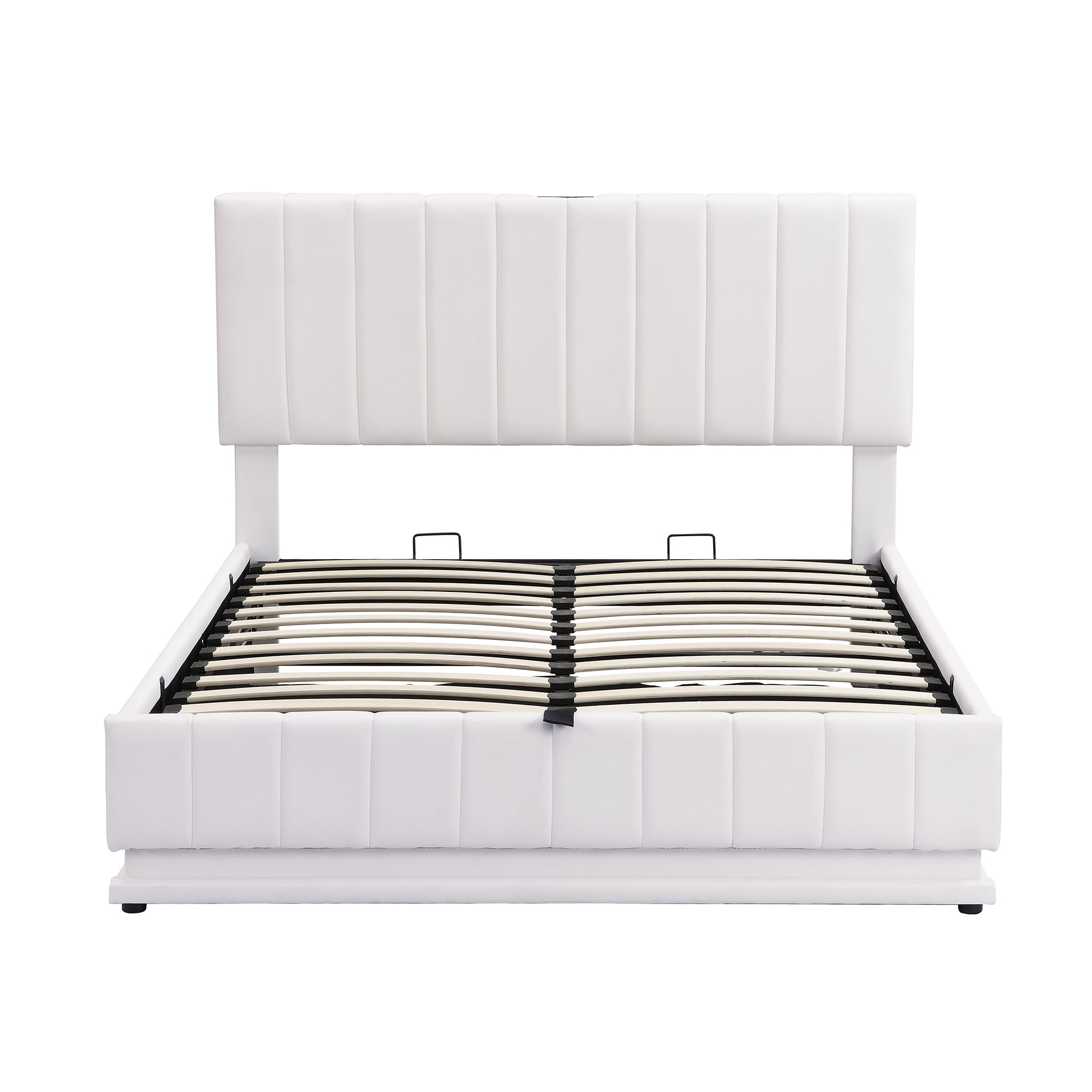 Full Size Upholstered Bed with Hydraulic Storage System and LED Light, Modern Platform Bed with Sockets and USB Ports, White