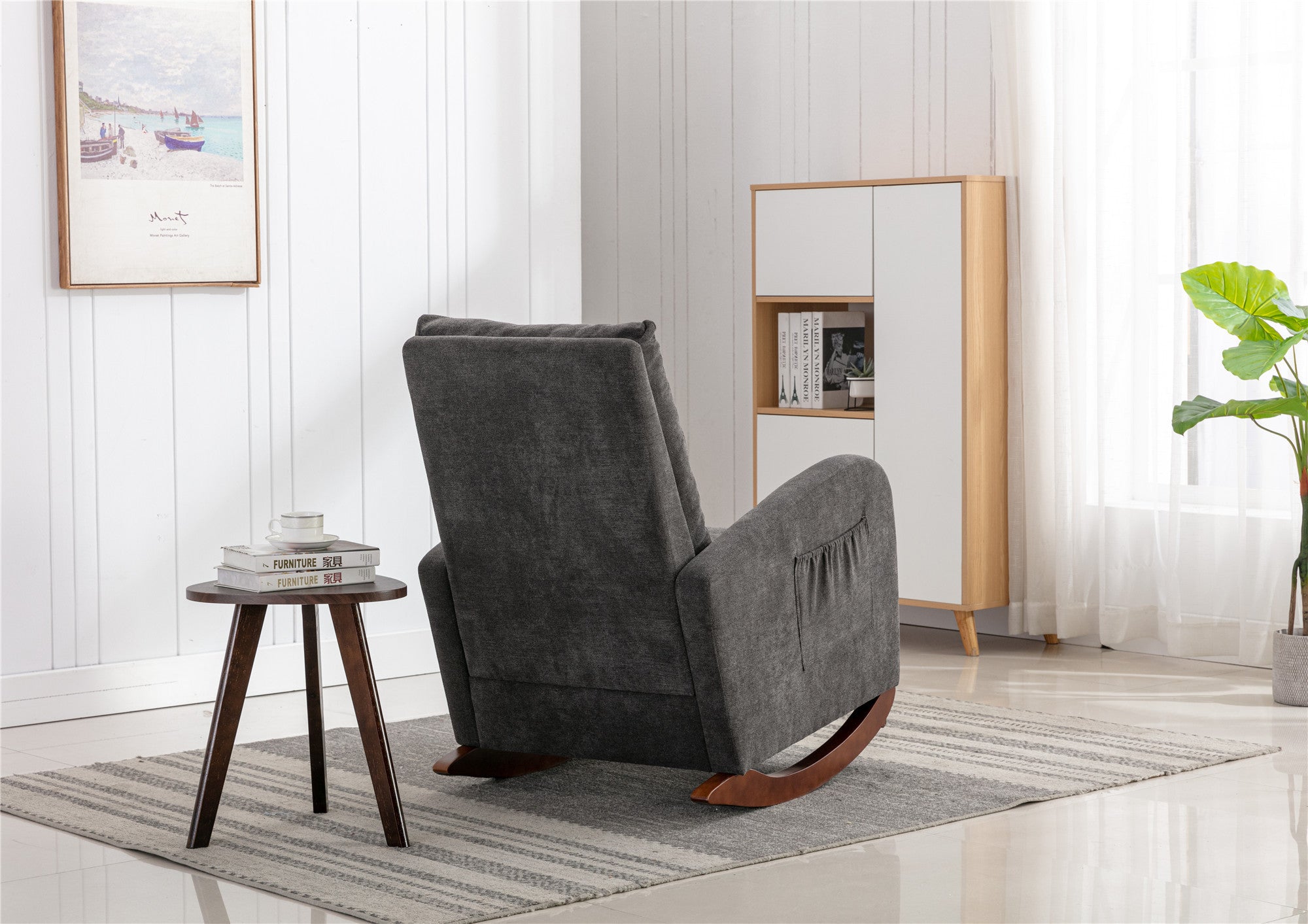 High Back Rocking Chair Nursery Chair .Comfortable Rocker Fabric Padded Seat .Modern High Back Armchair