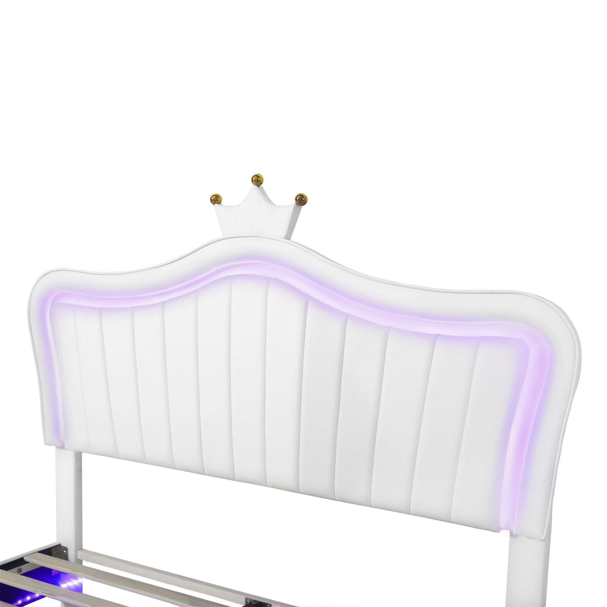 Queen Size Upholstered Bed Frame with LED Lights,Modern Upholstered Princess Bed With Crown Headboard,White