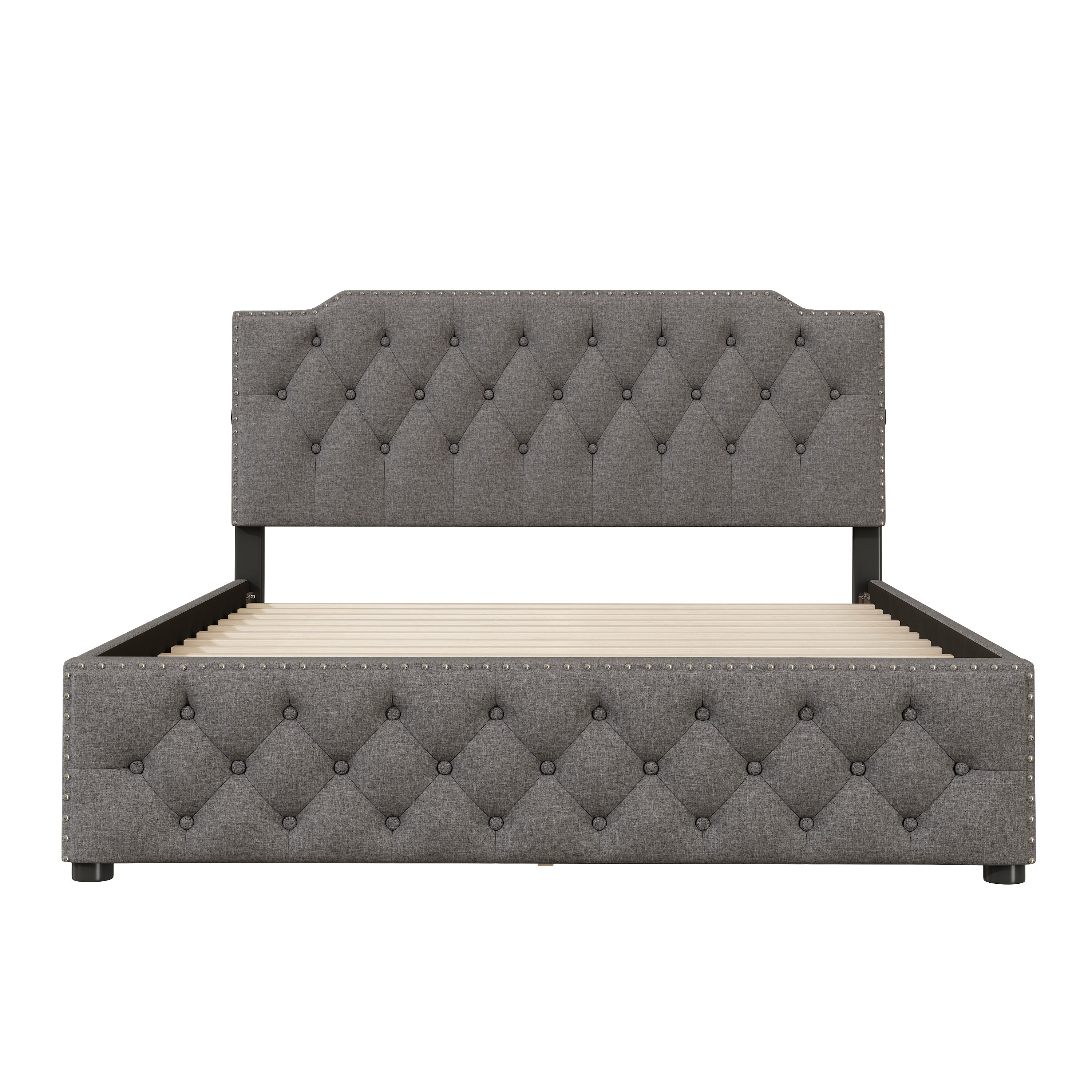 Queen Size Upholstered Platform Bed with 2 Drawers and 2 sets of USB Ports on each side, Linen Fabric, Gray