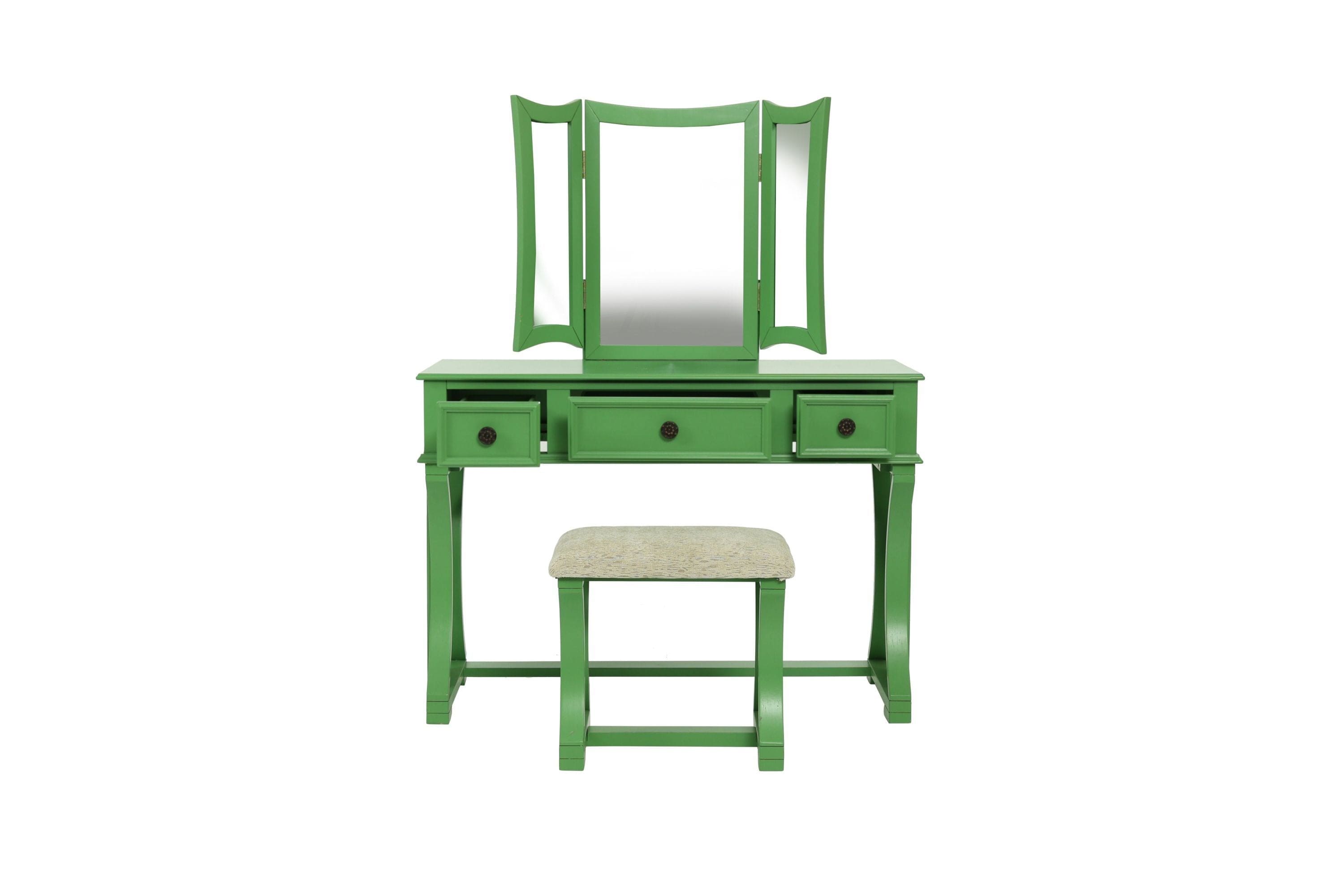 Unique Modern Bedroom Vanity Set w Stool Foldable Mirror Drawers Apple Green Color MDF Veneer 1pc Vanity Furniture