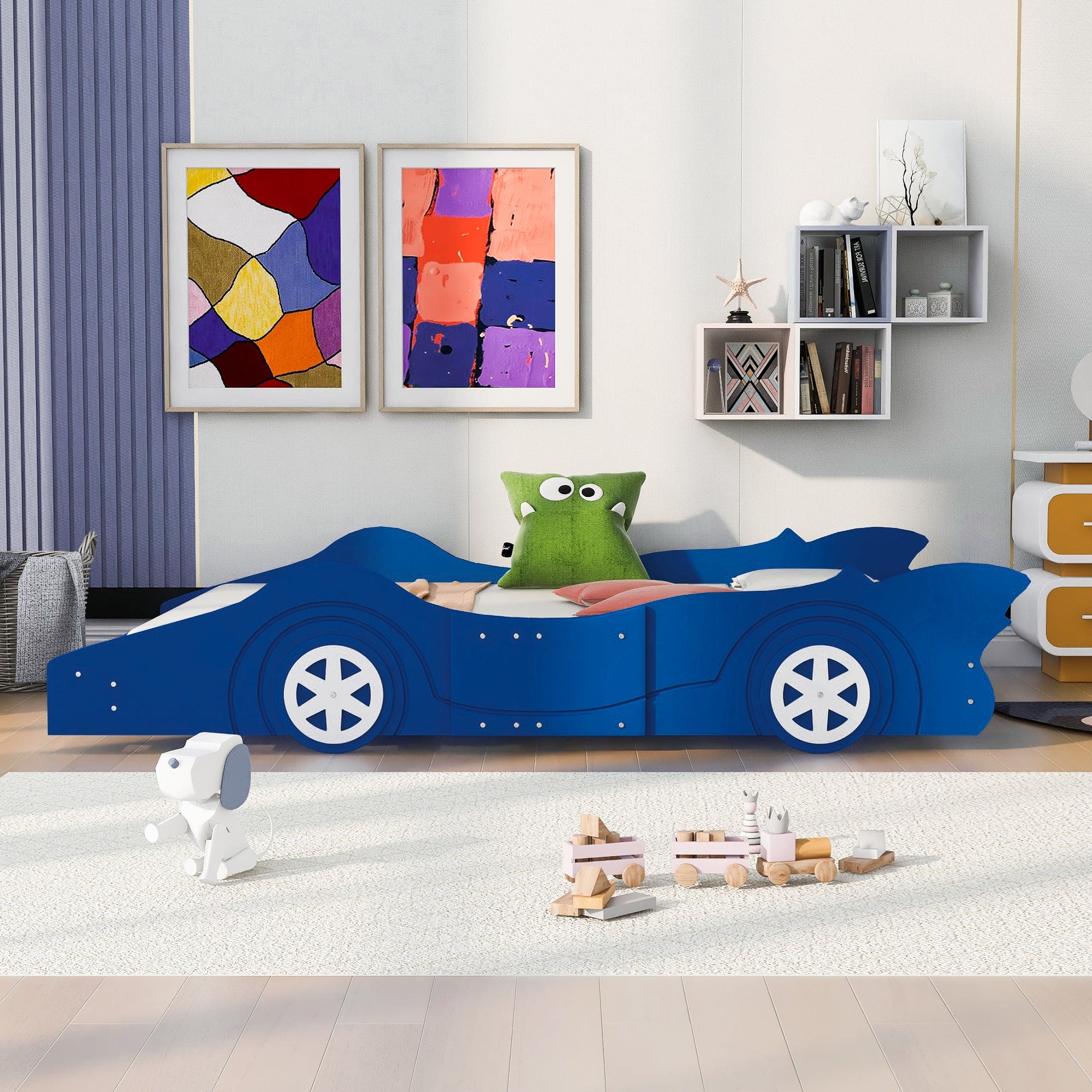 Full Size Race Car-Shaped Platform Bed with Wheels,Blue