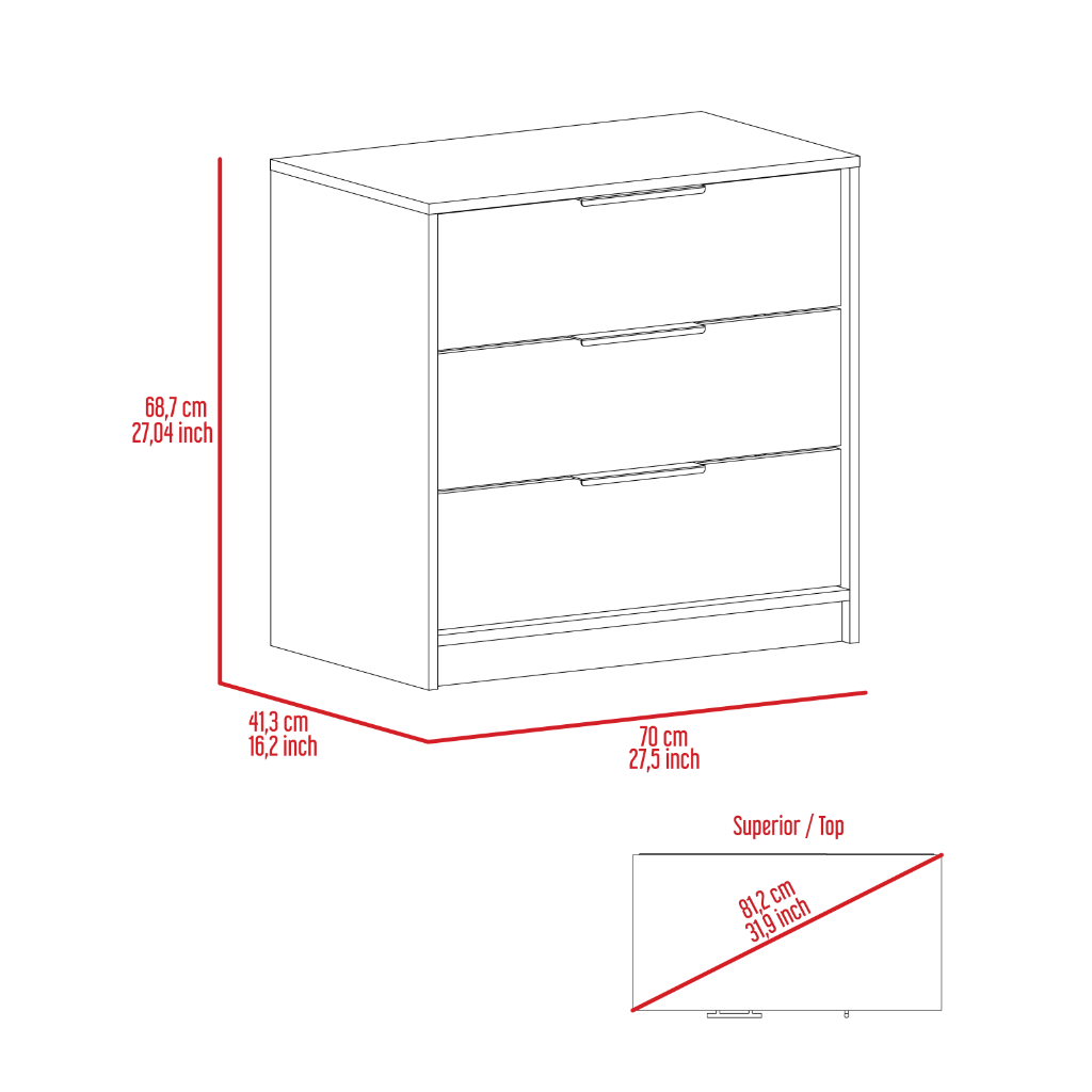 3 Drawers Dresser Maryland, Superior Top, Black Wengue / Pine Finish