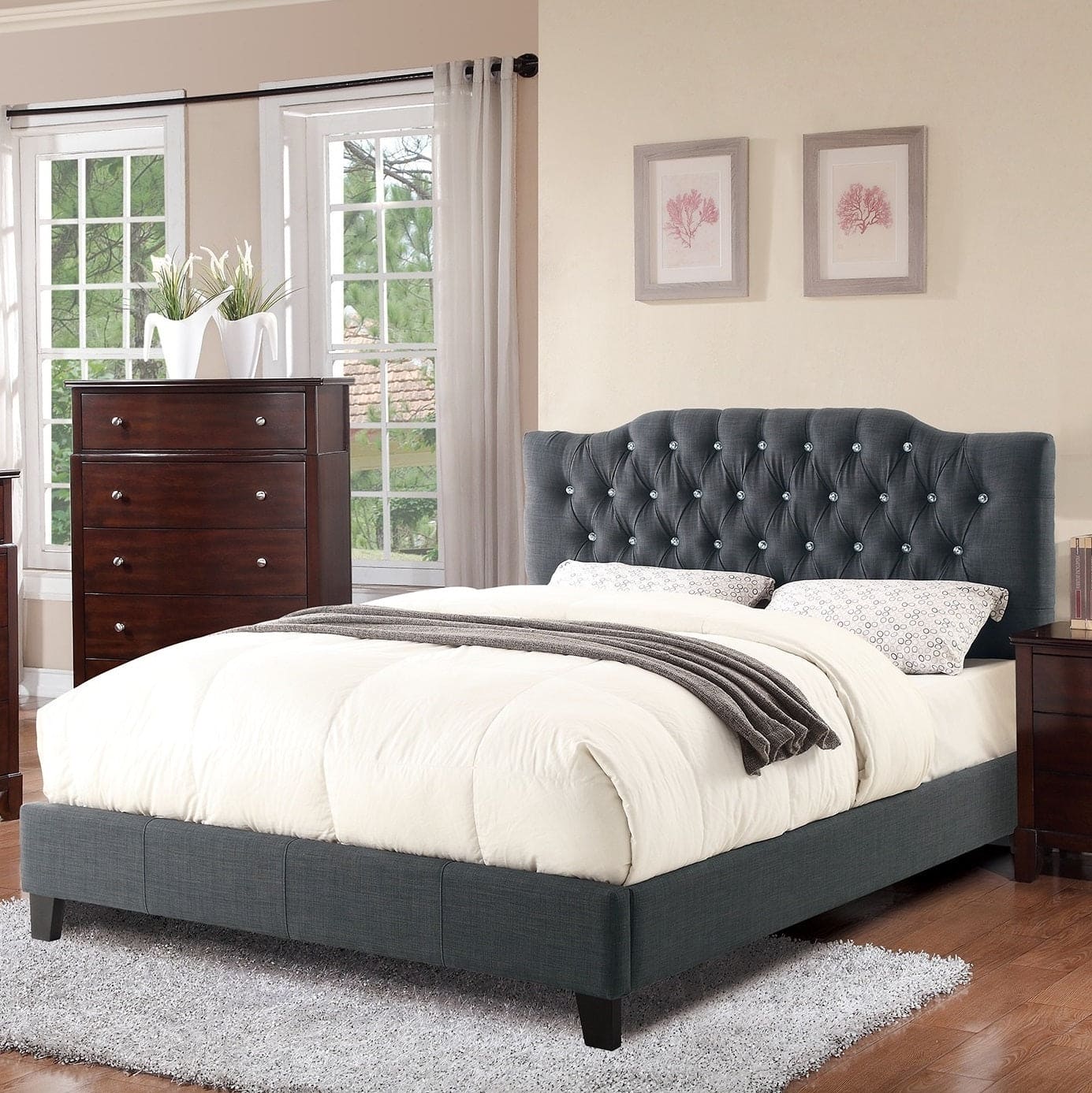 Modern Gorgeous Blue Grey Polyfiber Tufted Queen Size Bed 1pc Bedframe Upholstered Headboard Bedroom Furniture wooden Plywood