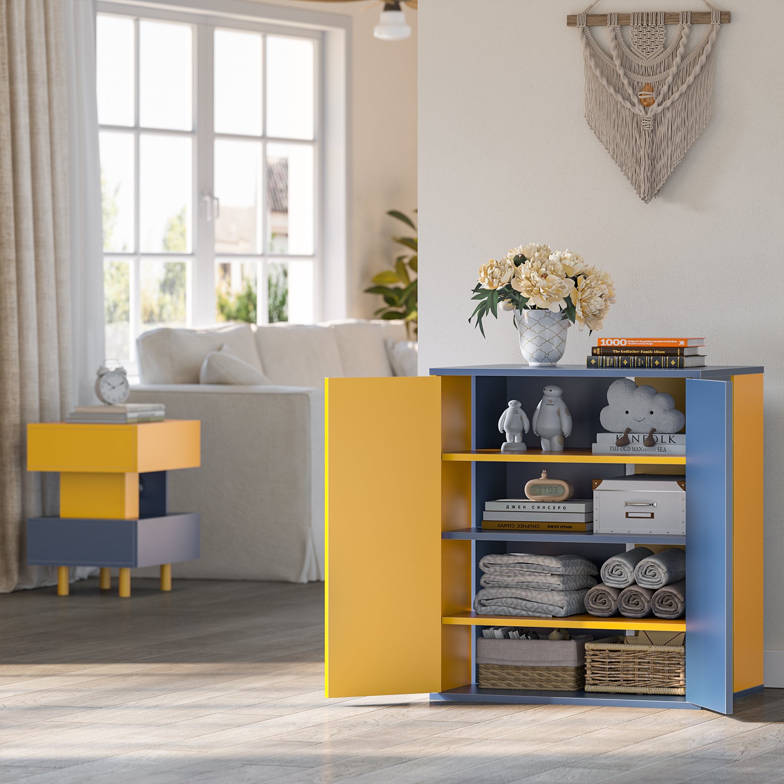 Storage Cabinet Modern Coffee Bar Cabinet Large Capacity Storage Cabinet with 3 Adjustable Shelves for Living Room, Yellow & Blue