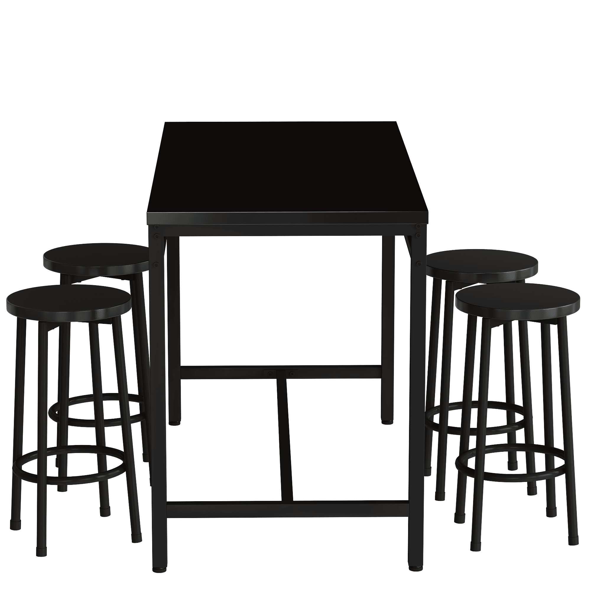 5-piece rural kitchen table with four bar stools, metal frame and MDF, black