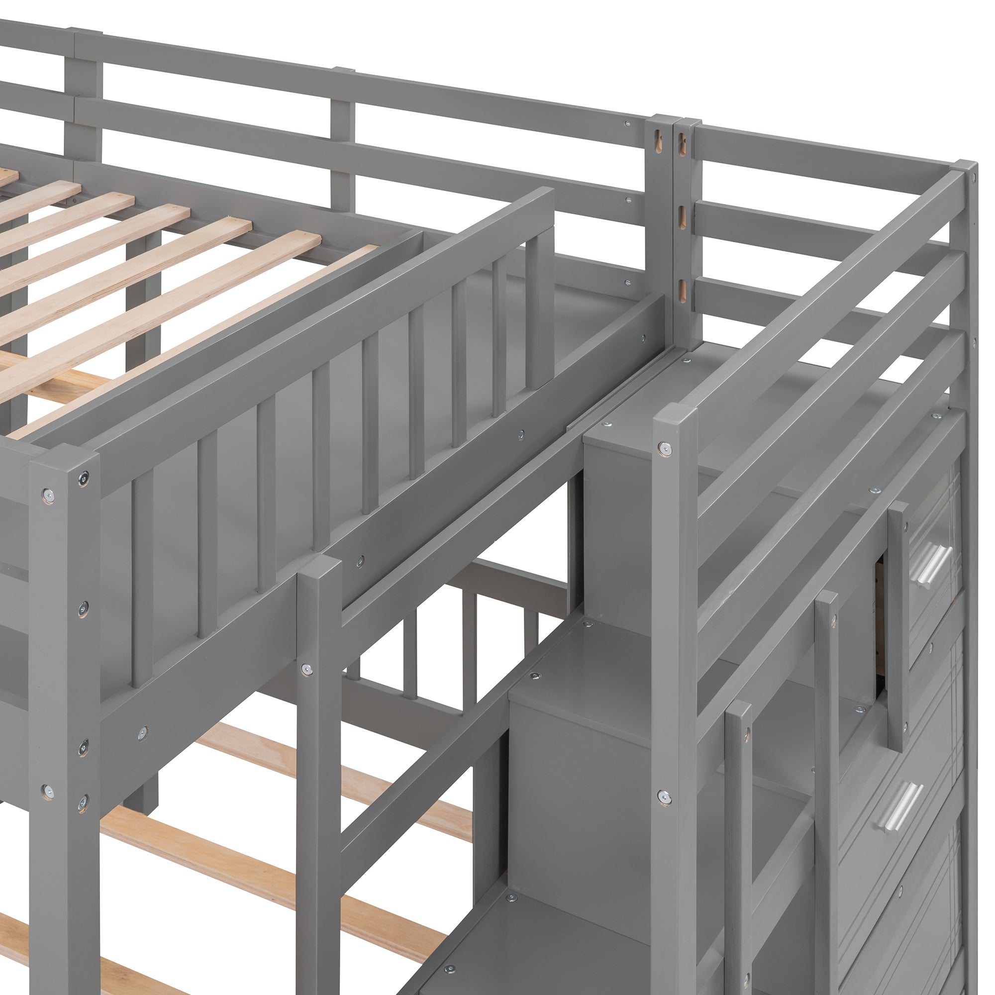 Full Over Twin & Twin Bunk Bed, Wood Triple Bunk Bed with Drawers and Guardrails (Gray)