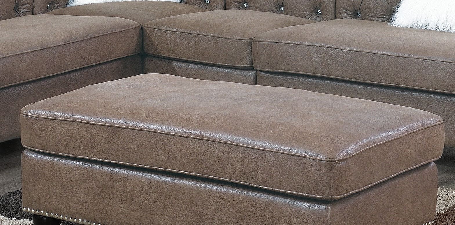 Living Room XL- Cocktail Ottoman Dark Coffee Leatherette Accent Studding Trim Wooden Legs