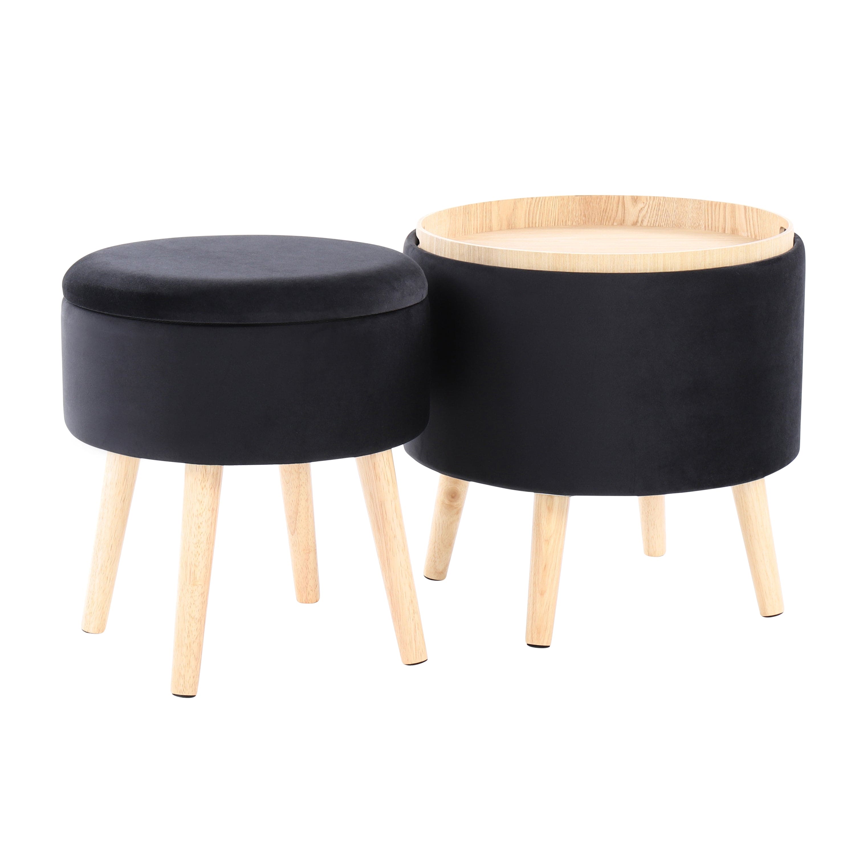 Tray Contemporary Storage Ottoman with Matching Stool in Black Velvet and Natural Wood Legs by LumiSource