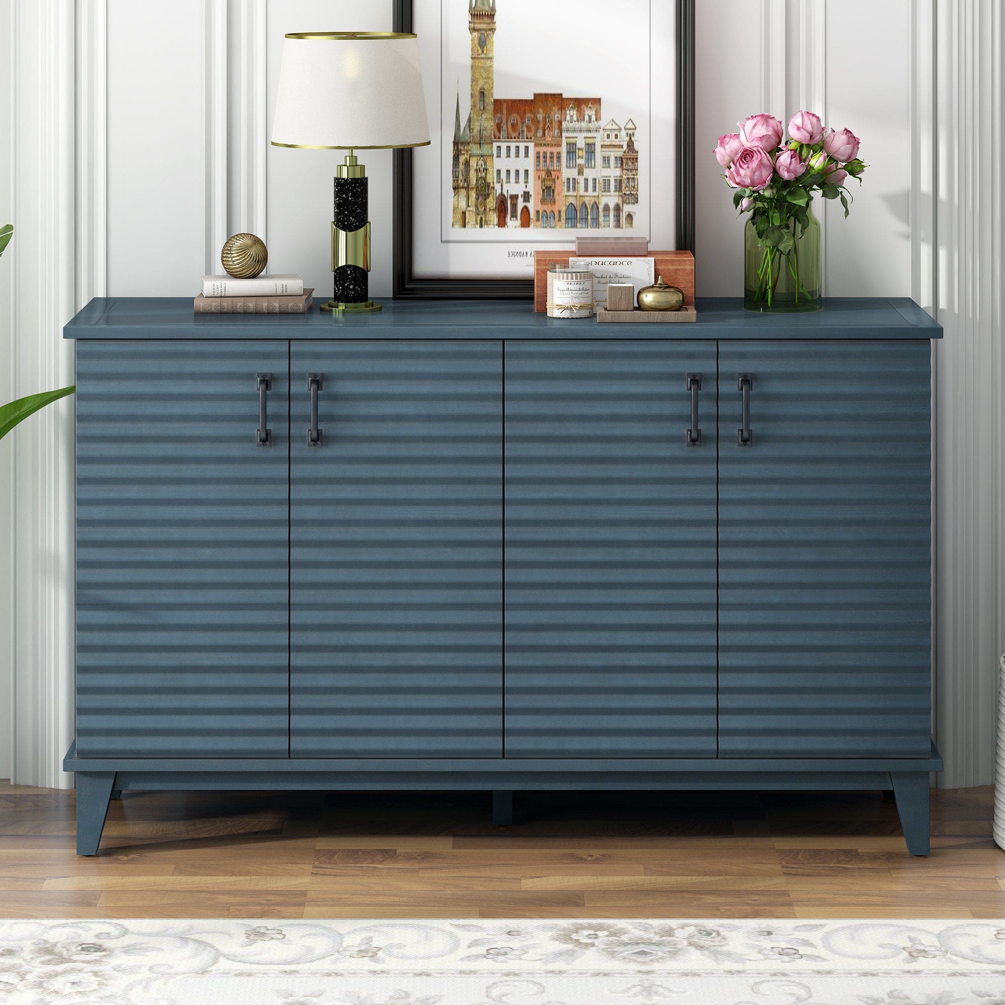 TREXM Sideboard with 4 Door Large Storage Buffet with Adjustable Shelves and Metal Handles for Kitchen, Living Room, Dining Room (Navy)