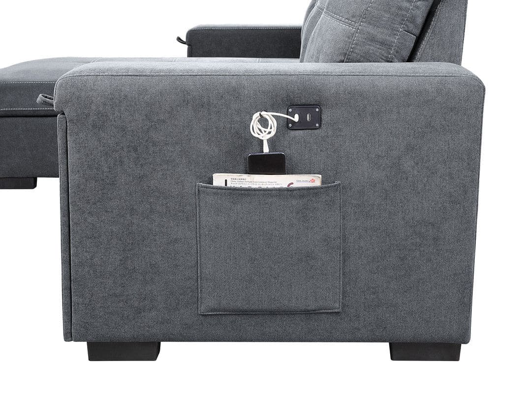 Toby Gray Woven Fabric Reversible Sleeper Sectional Sofa with Storage Chaise Cup Holder USB Ports and Pockets