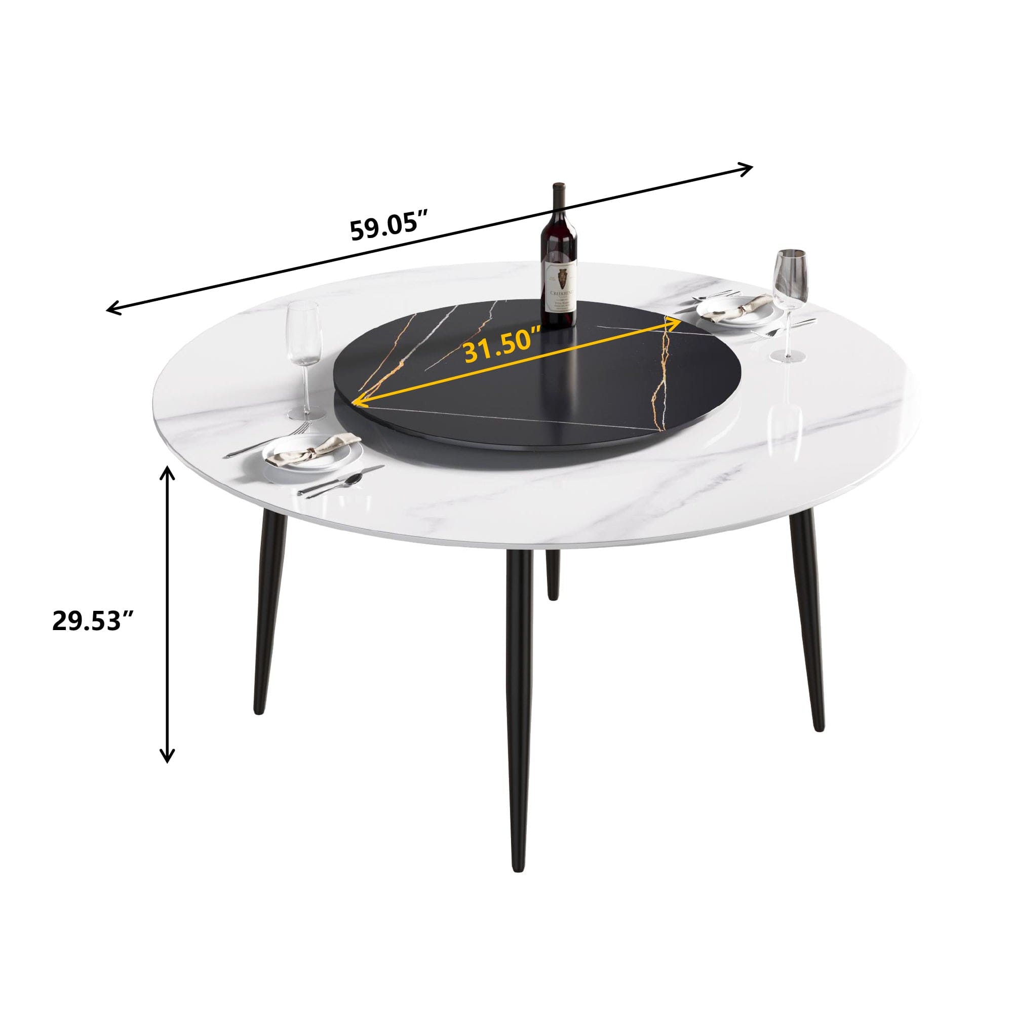 59.05"Modern artificial stone round black metal dining table-can accommodate 6 people-31.5"black artificial stone turntable