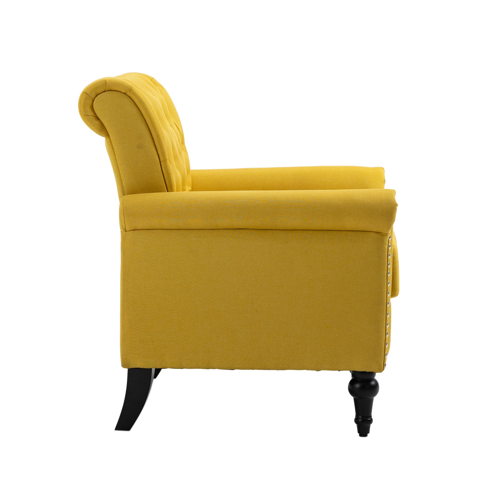 Mid-Century Modern Accent Chair, Linen Armchair w/Tufted Back/Wood Legs, Upholstered Lounge Arm Chair Single Sofa for Living Room Bedroom, YELLOW