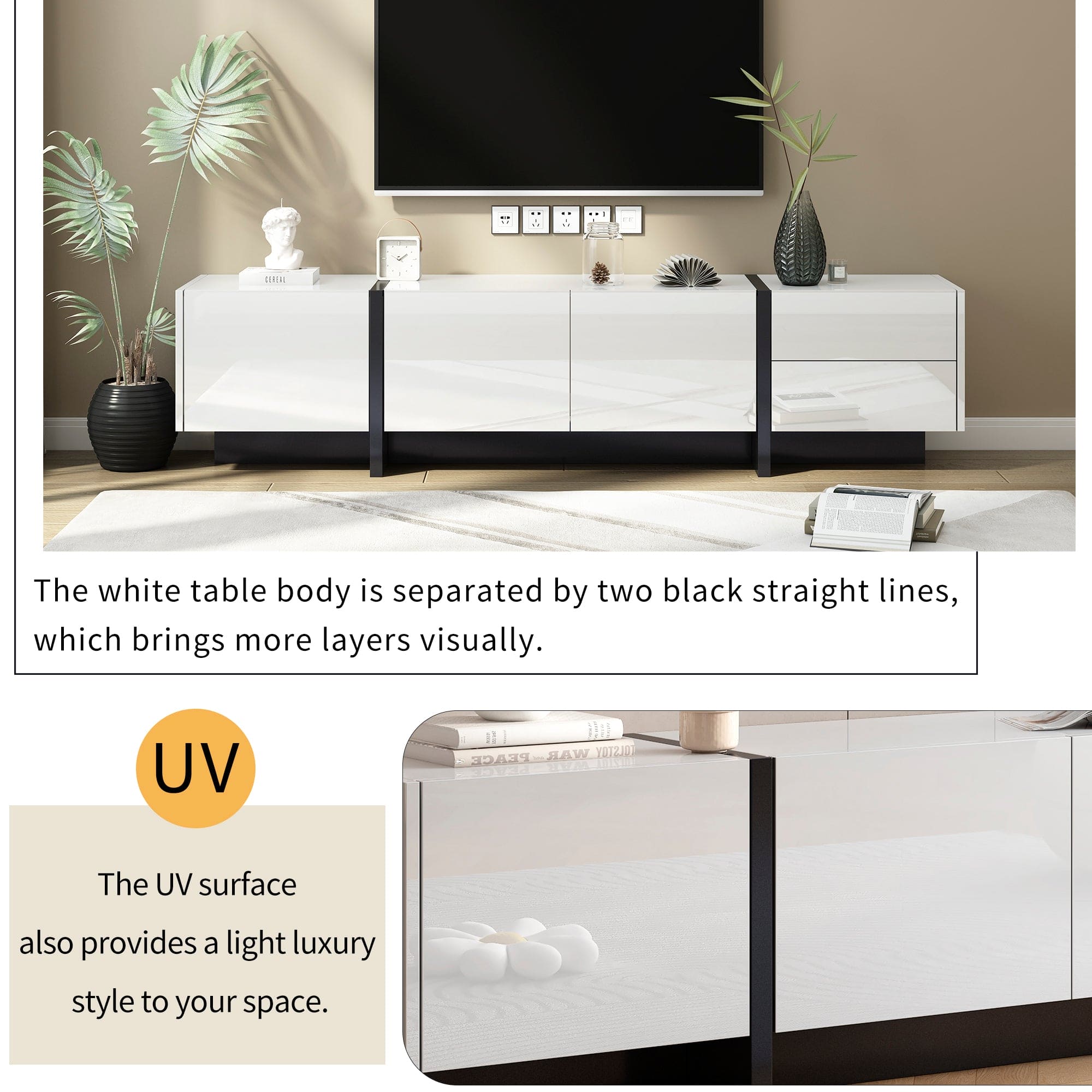 ON-TREND White & Black Contemporary Rectangle Design TV Stand, Unique Style TV Console Table for TVs Up to 80'', Modern TV Cabinet with High Gloss UV Surface for Living Room.