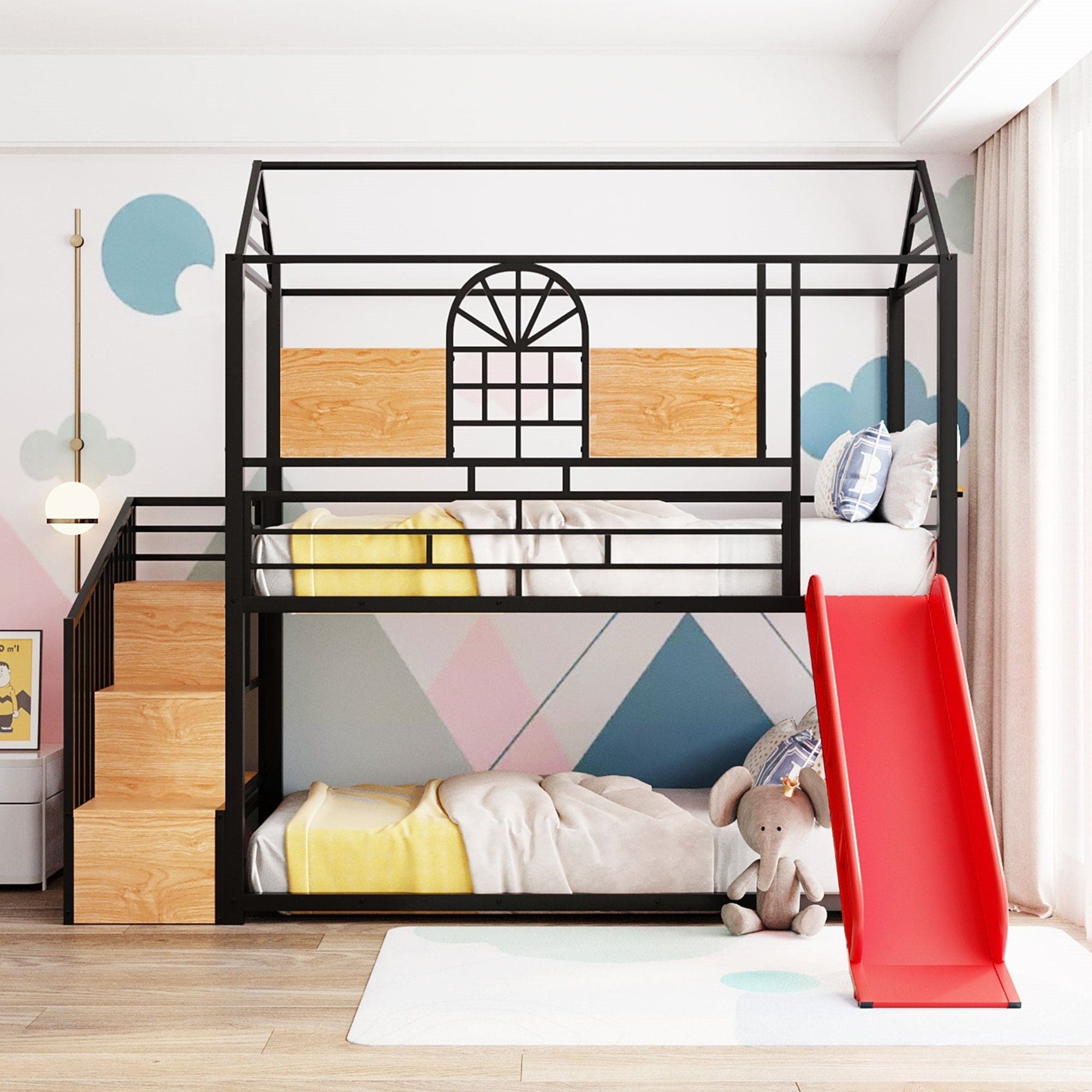 Twin Over Twin Metal Bunk Bed, Metal Housebed with Slide and Storage Stair, Black with Red Slide