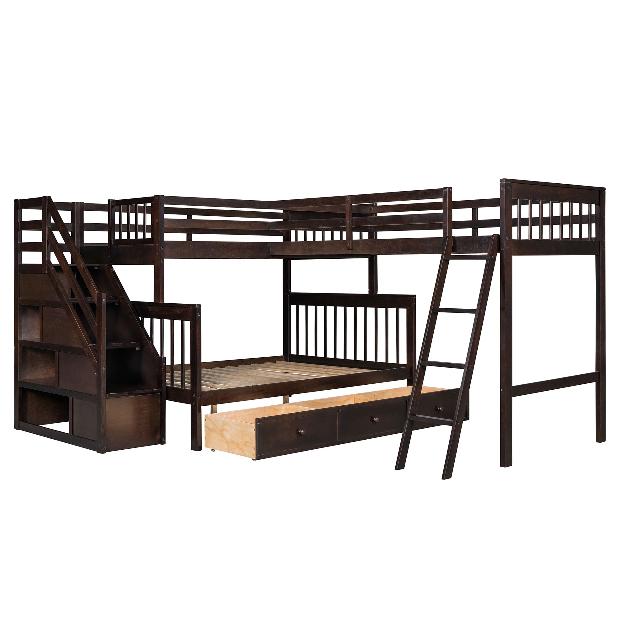 Twin over Full L-Shaped Bunk Bed With 3 Drawers, Ladder and Staircase - Espresso