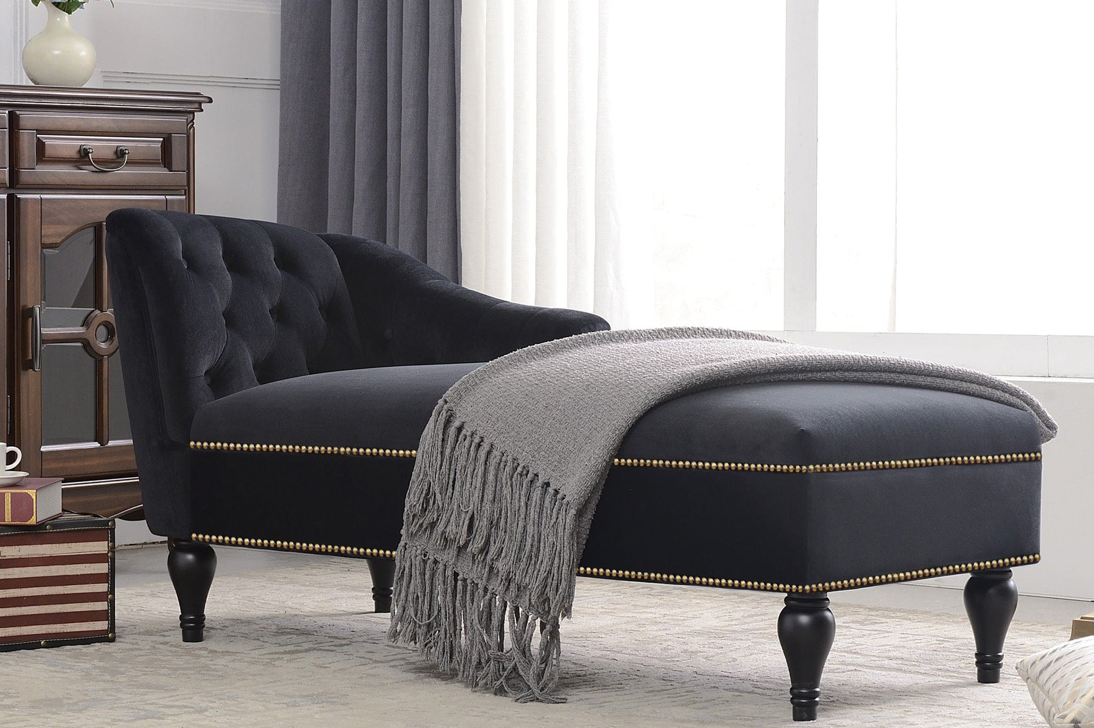 [New+Video] 58''Velvet Chaise Lounge,Button Tufted Right Arm Facing Lounge Chair with Nailhead Trim & Solid Wood Legs for Living Room or Office,Sleeper Lounge Sofa (New style of WF284880AAB)