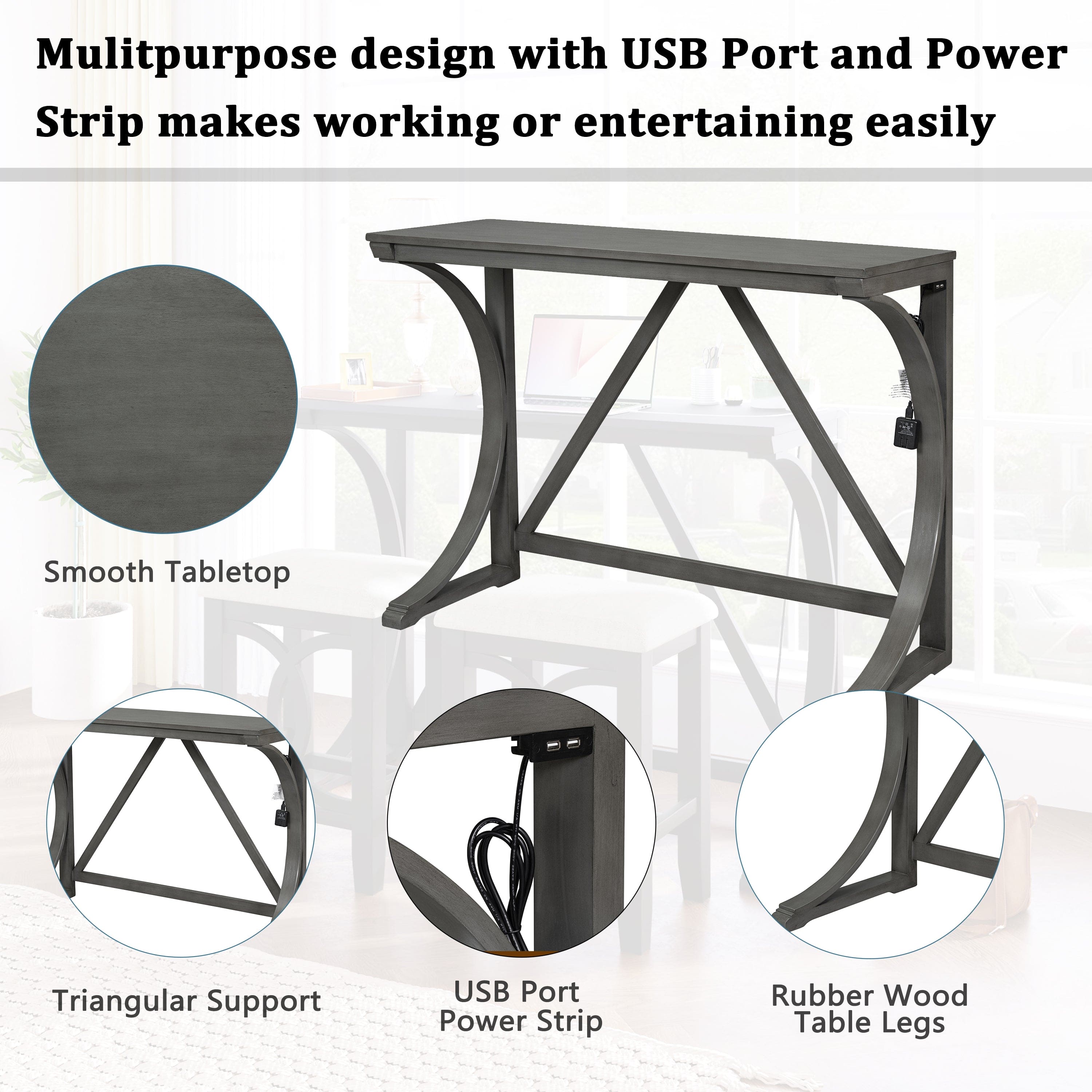 TOPMAX Farmhouse 3-Piece Counter Height Dining Table Set with USB Port and Upholstered Stools,Gray