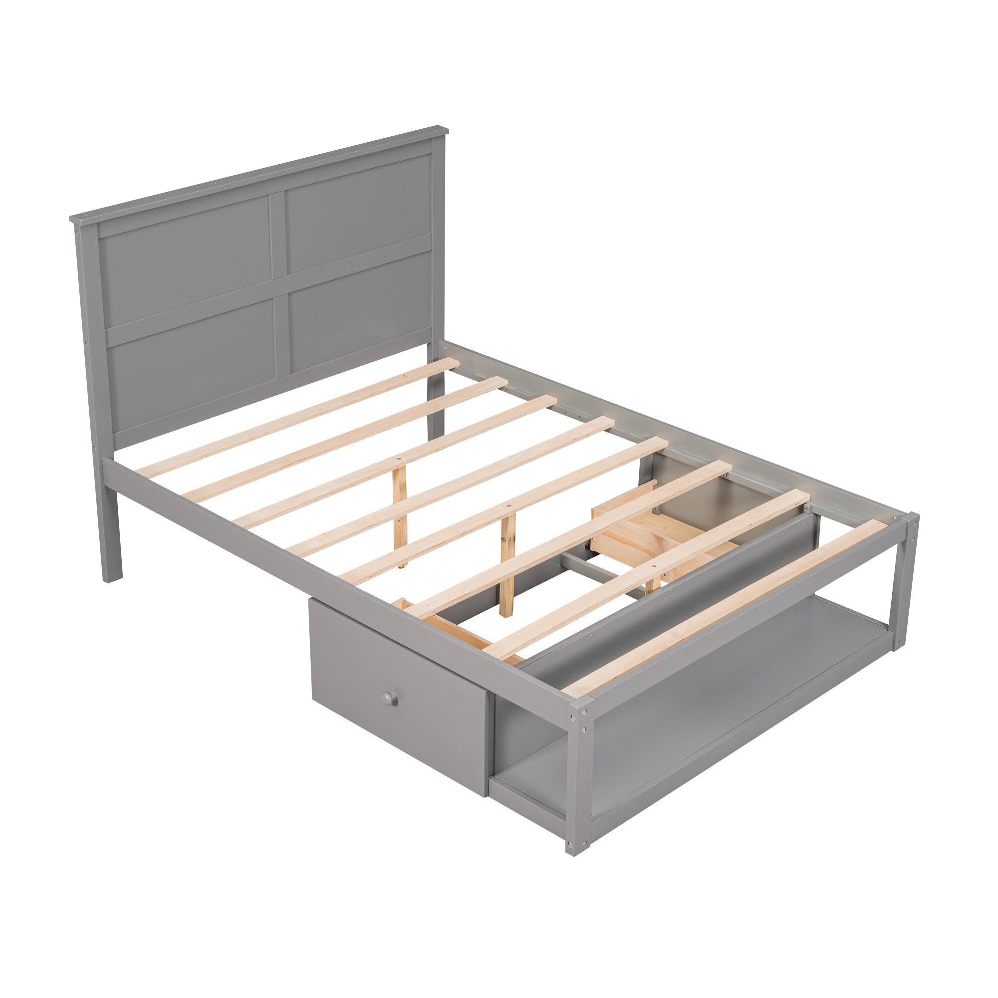 Full Size Platform Bed with Drawer on the Each Side and Shelf on the End of the Bed, Gray