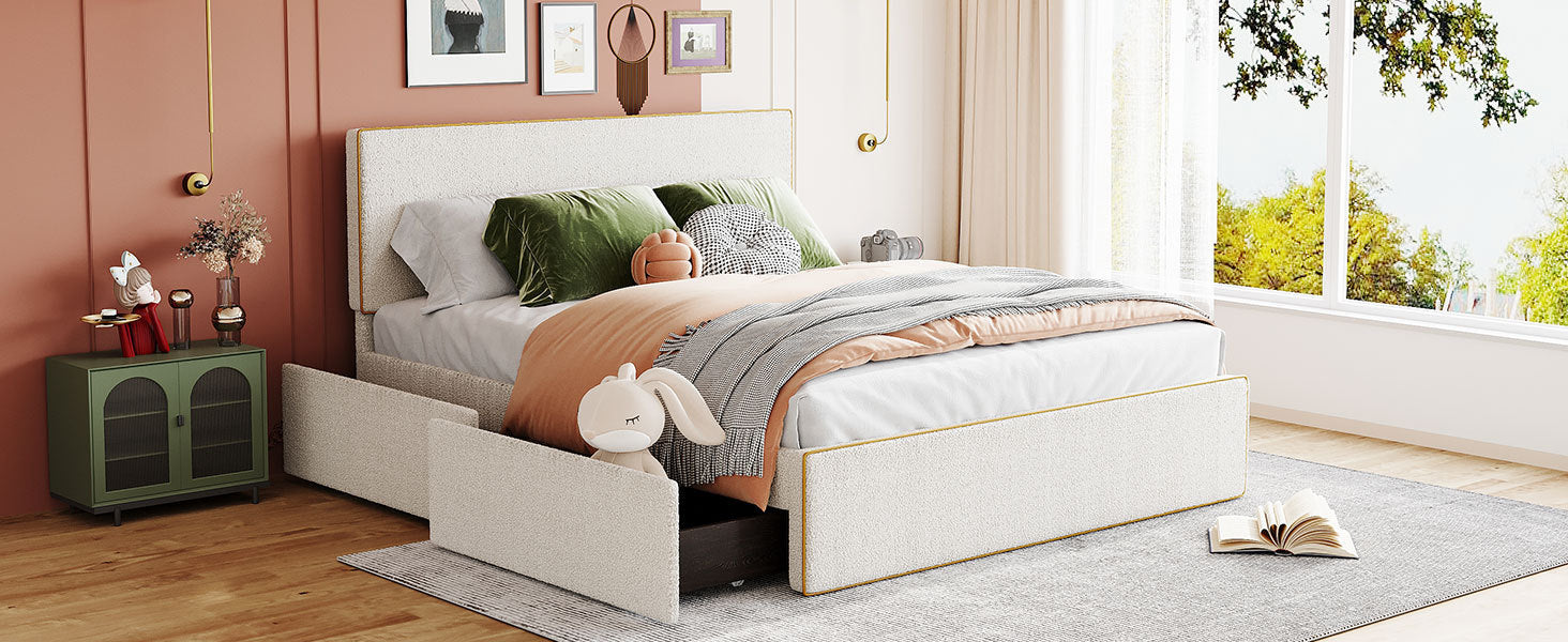 Queen Size Upholstered Platform Bed with 4 Drawers and Golden Edge on the Headboard & Footboard, White