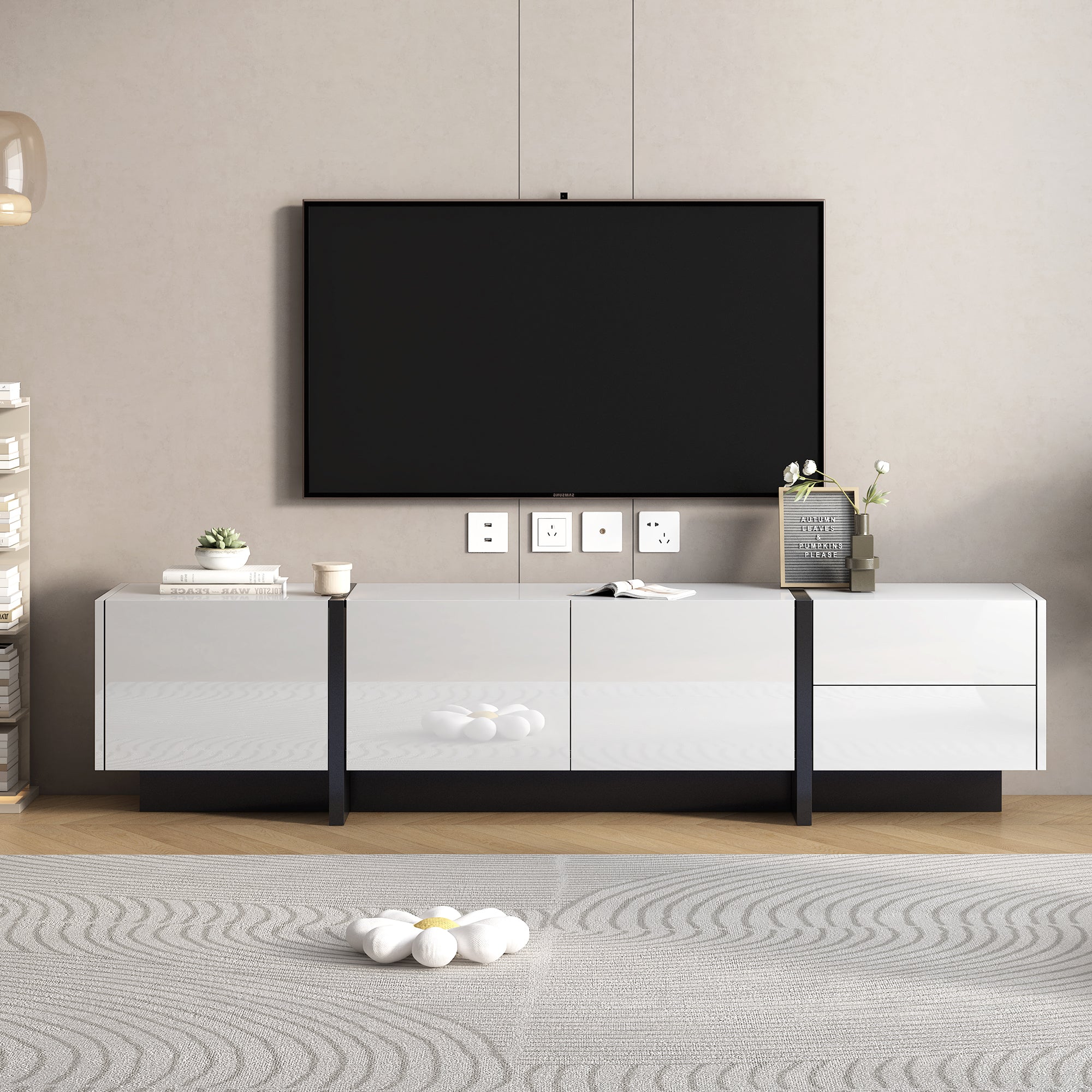 ON-TREND White & Black Contemporary Rectangle Design TV Stand, Unique Style TV Console Table for TVs Up to 80'', Modern TV Cabinet with High Gloss UV Surface for Living Room.