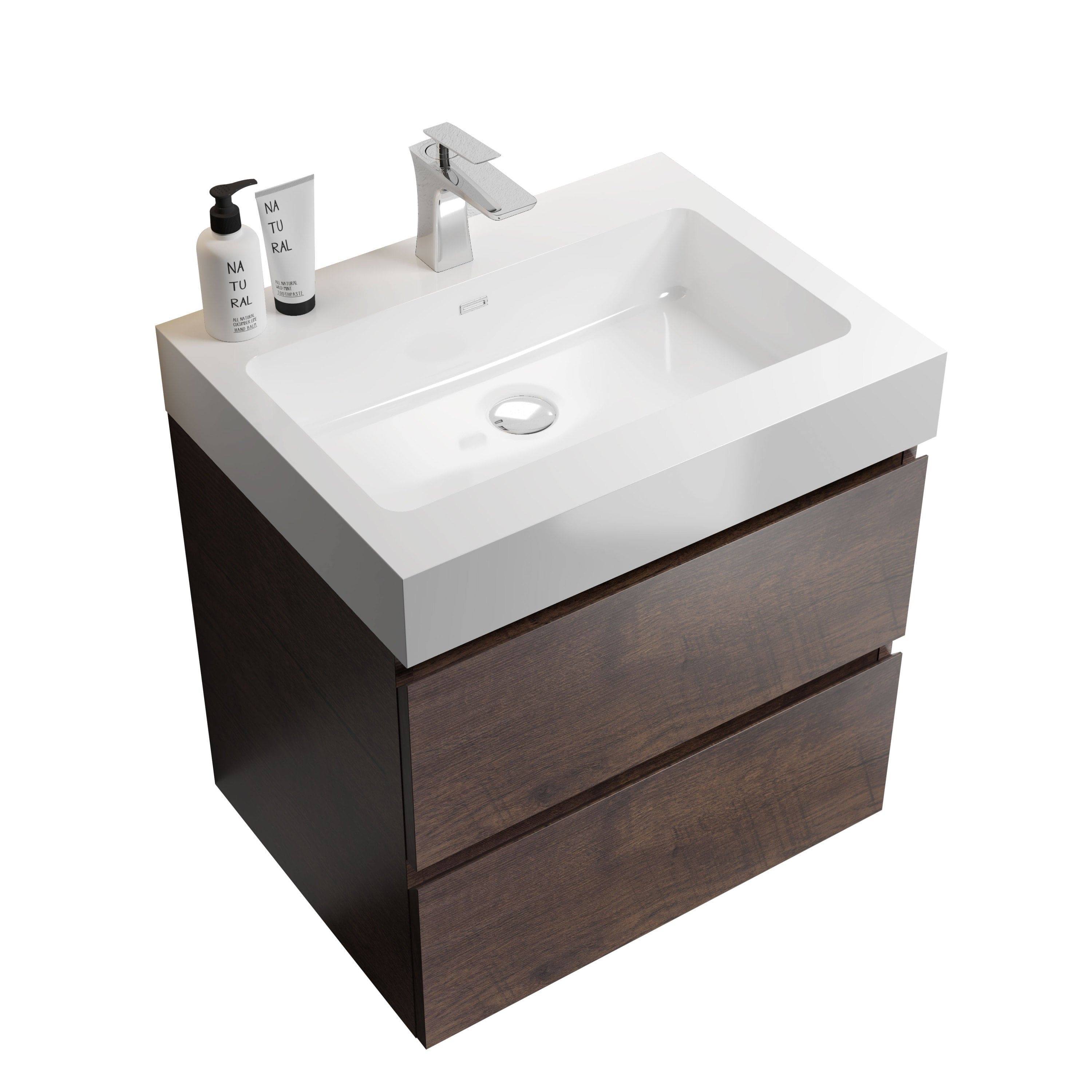 Alice 24" Walnut Bathroom Vanity with Sink, Large Storage Wall Mounted Floating Bathroom Vanity for Modern Bathroom, One-Piece White Sink Basin without Drain and Faucet