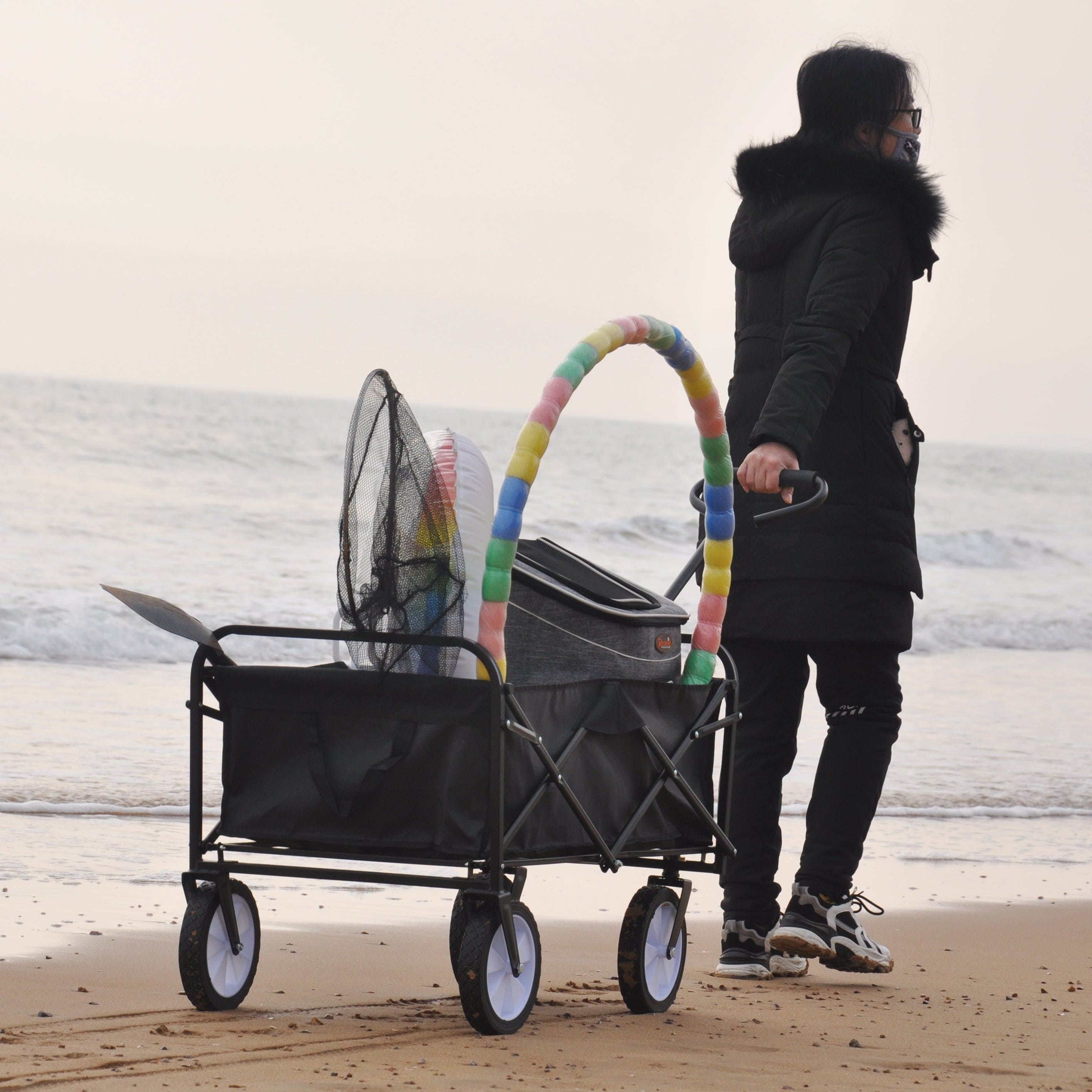 Folding Wagon Garden Shopping Beach Cart (Black)