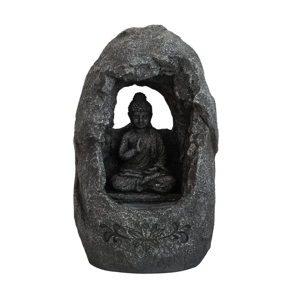 8.3x5.9x13.6" Decorative Gray Tabletop Water Fountain with Sitting Buddha and LED Light, for Indoor Outdoor