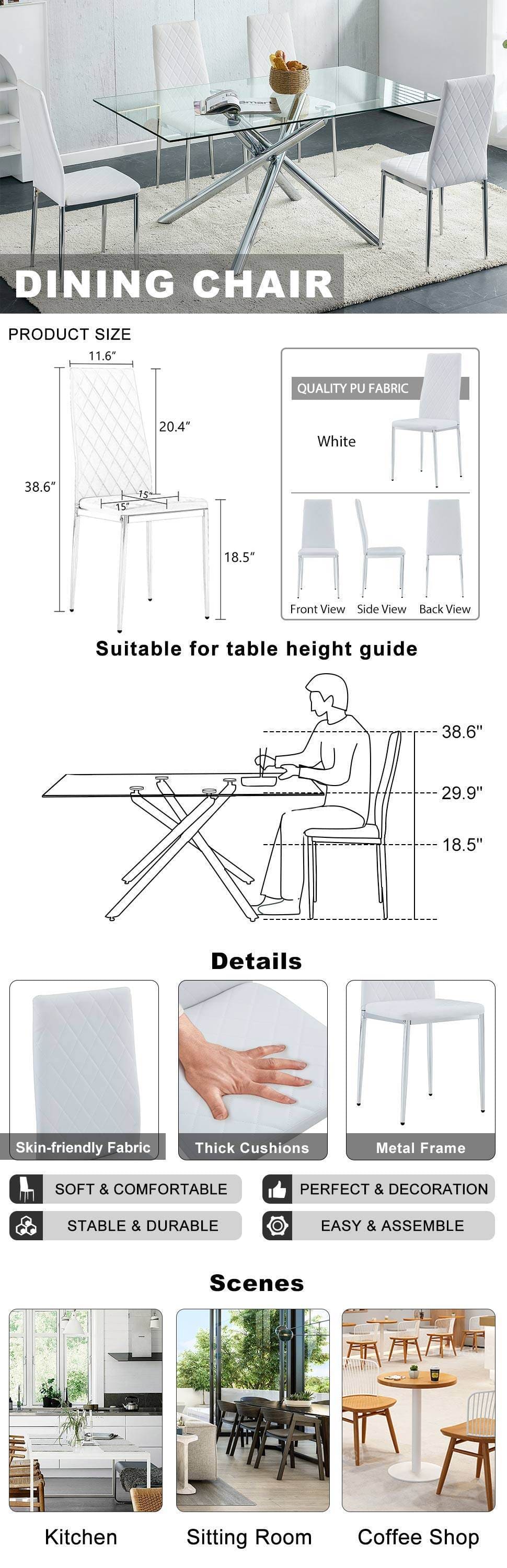 Grid armless high backrest dining chair, 4-piece set of silver metal legs white chair, office chair. Suitable for restaurants, living rooms, kitchens, and offices.W115162607  0924