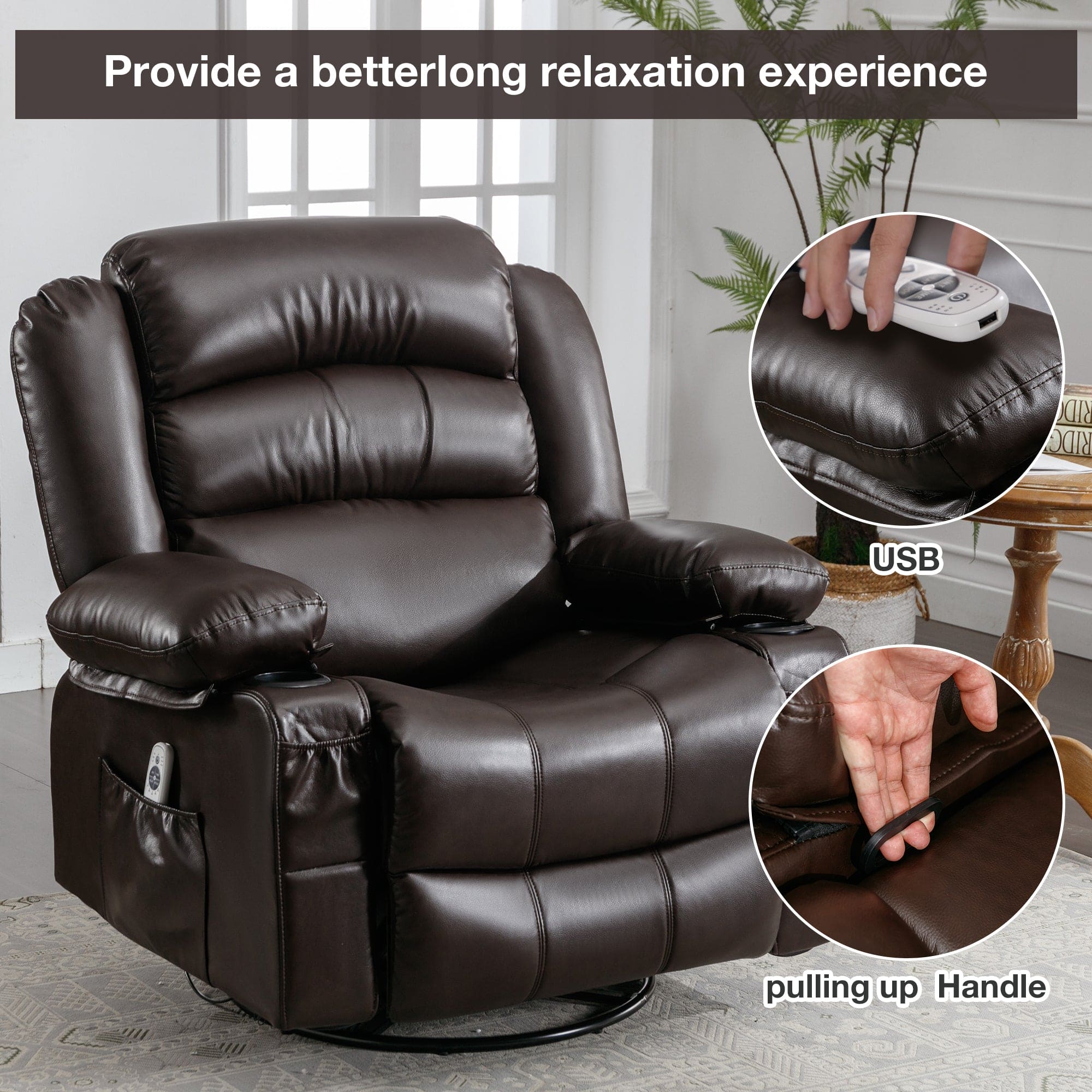 Massage Swivel Rocker Recliner Chair with Vibration Massage and Heat Ergonomic Lounge Chair for Living Room with Rocking Function and Side Pocket   2 Cup Holders USB Charge Port ,BROWN